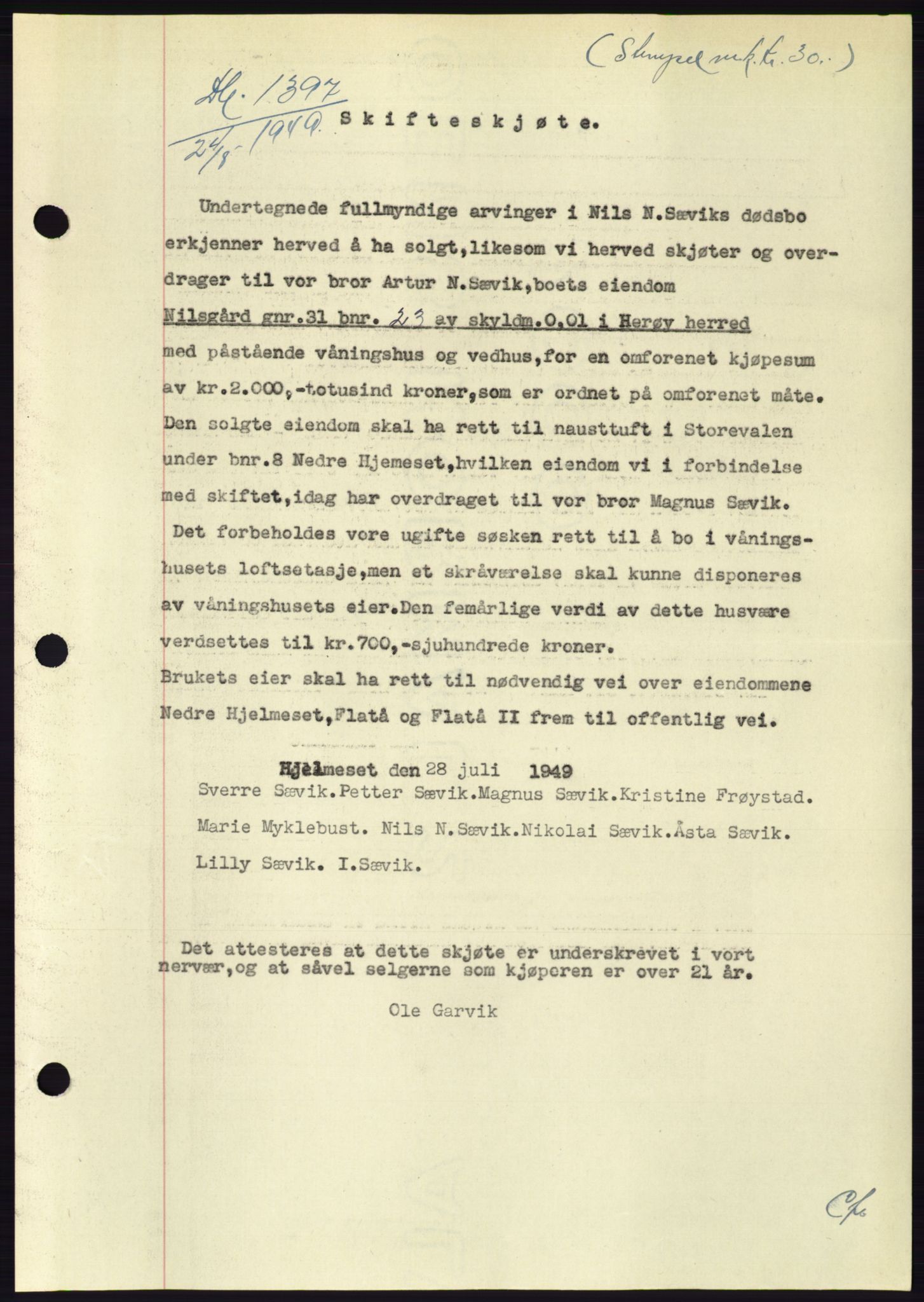 Søre Sunnmøre sorenskriveri, AV/SAT-A-4122/1/2/2C/L0085: Pantebok nr. 11A, 1949-1949, Dagboknr: 1397/1949