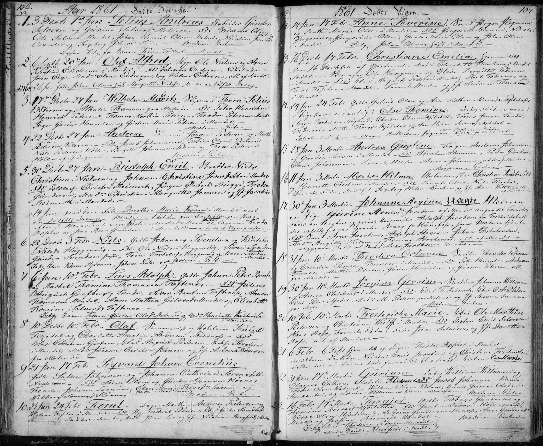 Mandal sokneprestkontor, AV/SAK-1111-0030/F/Fb/Fba/L0008: Klokkerbok nr. B 2, 1854-1868, s. 106-107