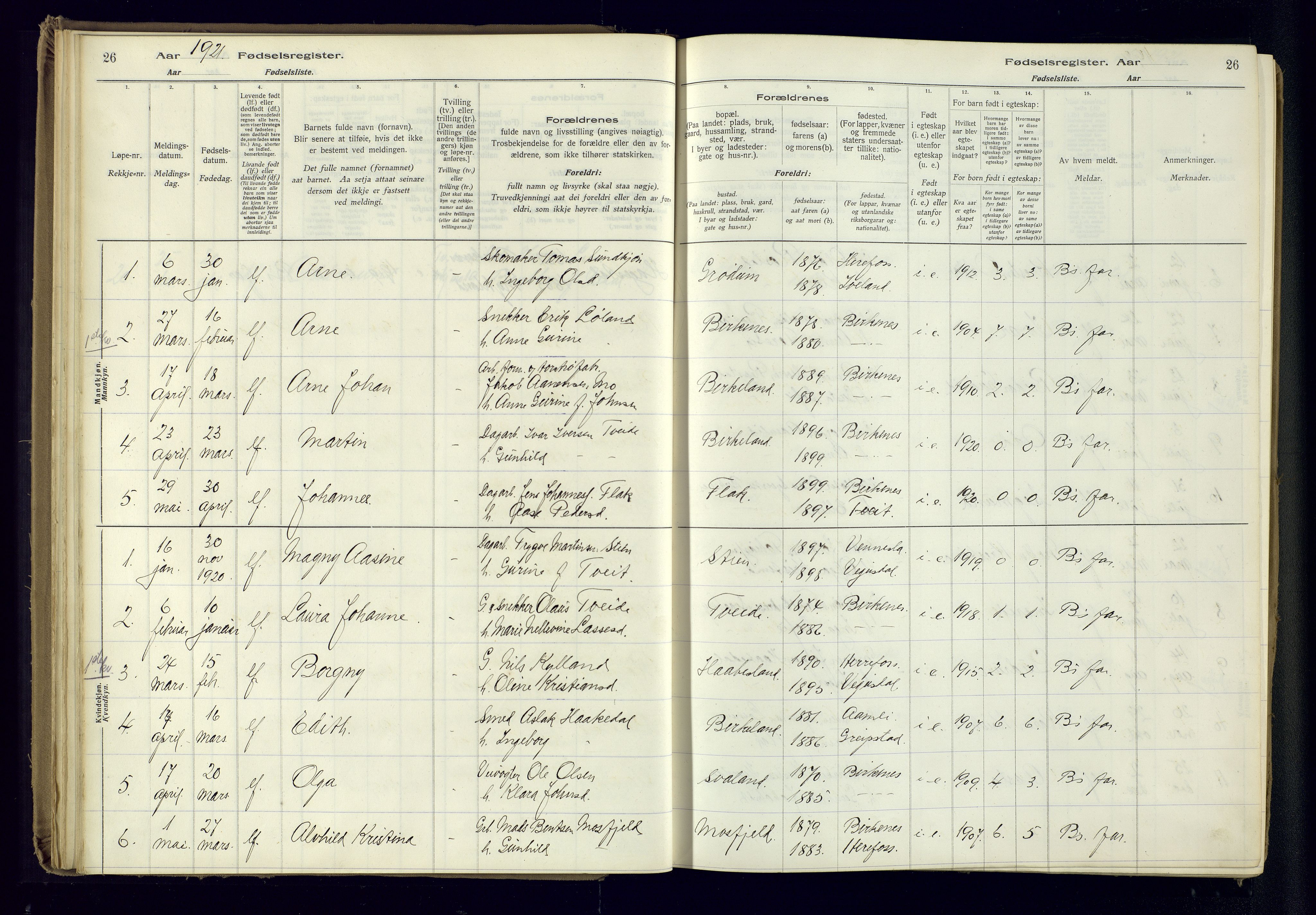 Birkenes sokneprestkontor, SAK/1111-0004/J/Ja/L0001: Fødselsregister nr. II.6.4, 1916-1962, s. 26