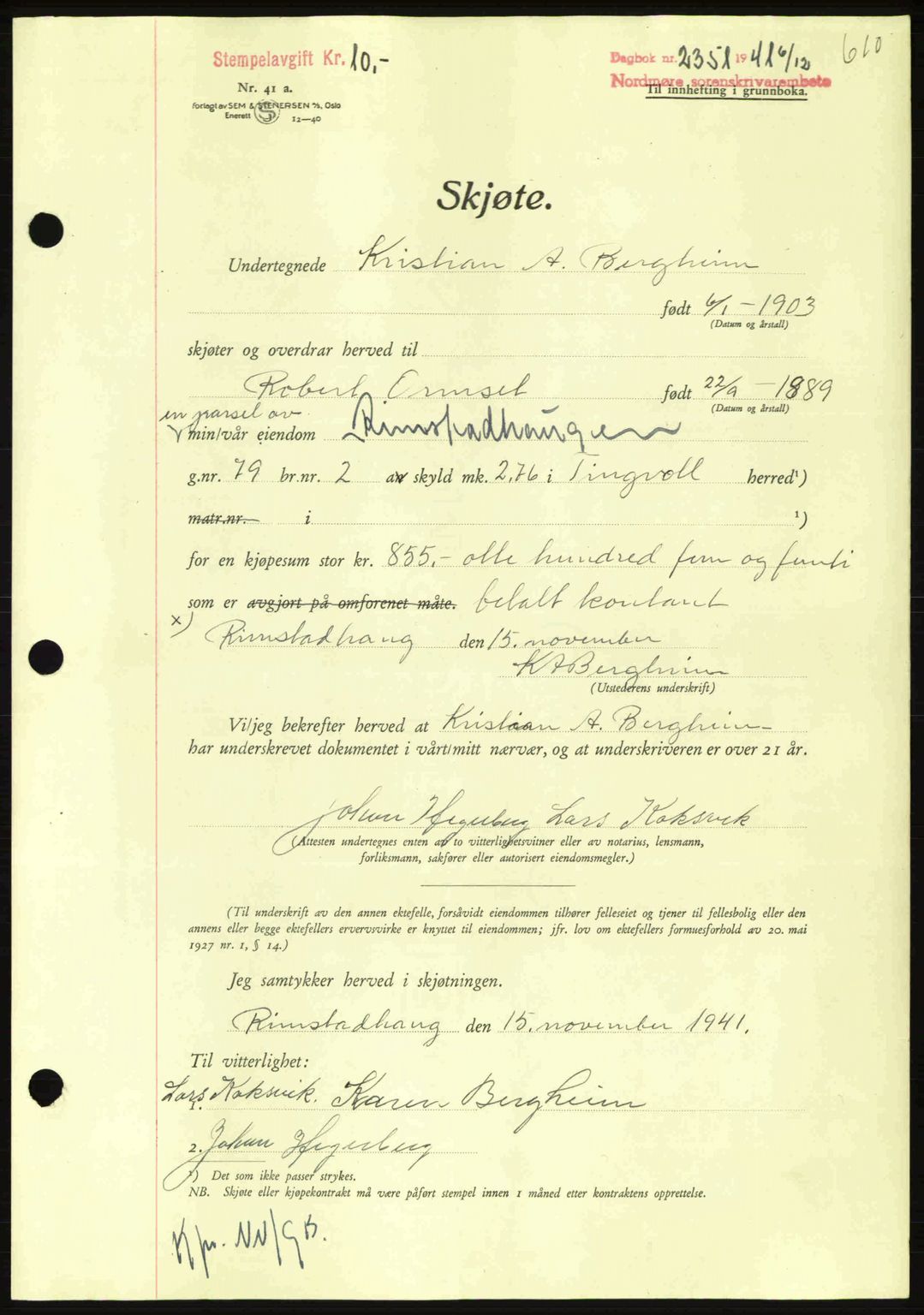 Nordmøre sorenskriveri, AV/SAT-A-4132/1/2/2Ca: Pantebok nr. A91, 1941-1942, Dagboknr: 2351/1941