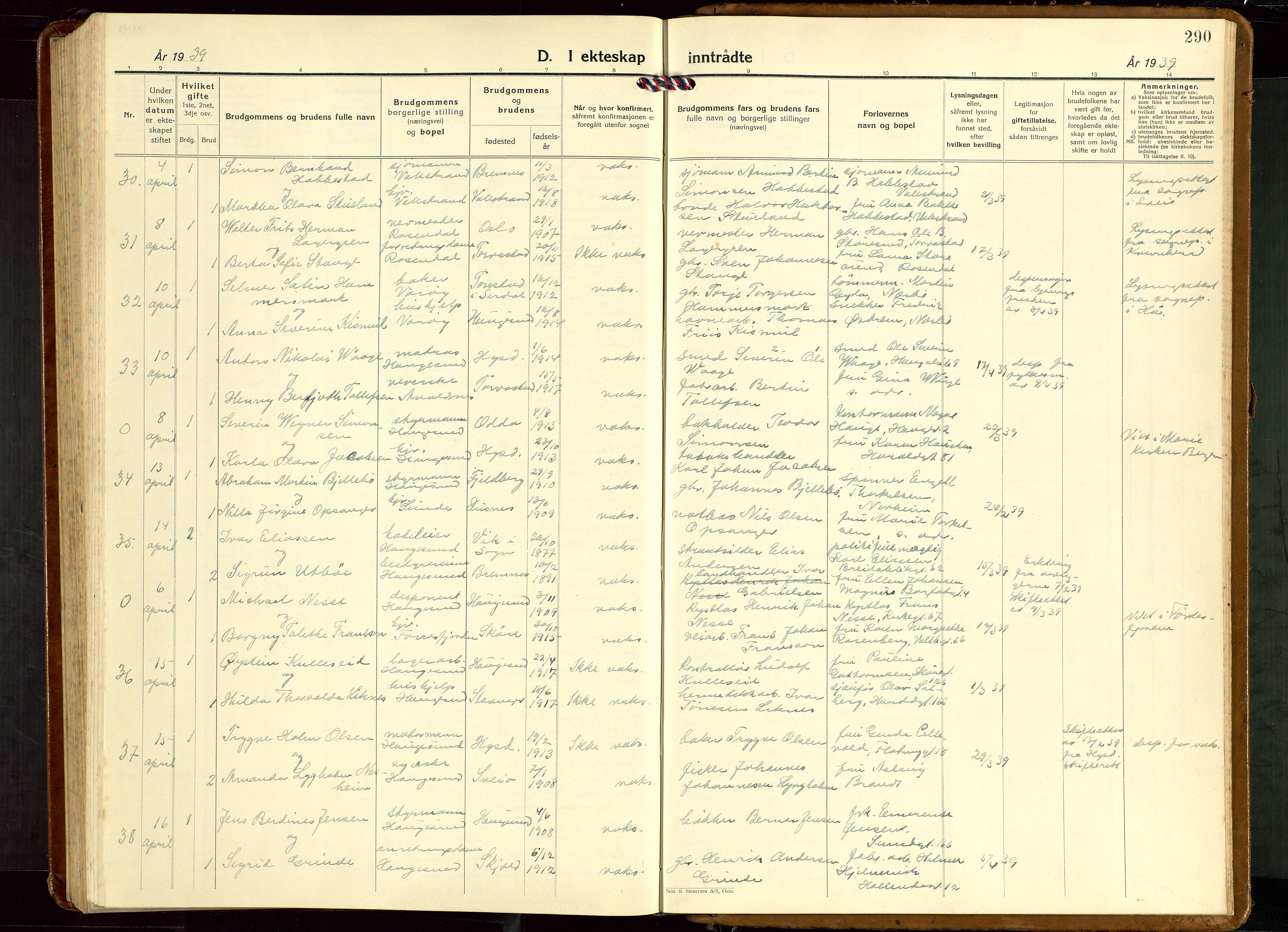 Haugesund sokneprestkontor, AV/SAST-A -101863/H/Ha/Hab/L0013: Klokkerbok nr. B 13, 1931-1943, s. 290