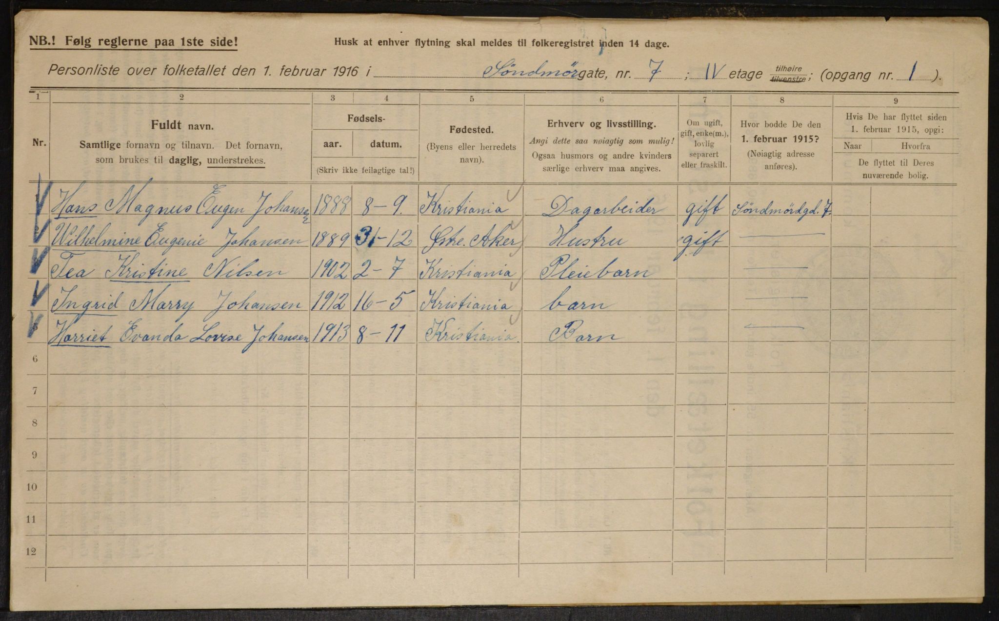 OBA, Kommunal folketelling 1.2.1916 for Kristiania, 1916, s. 107694