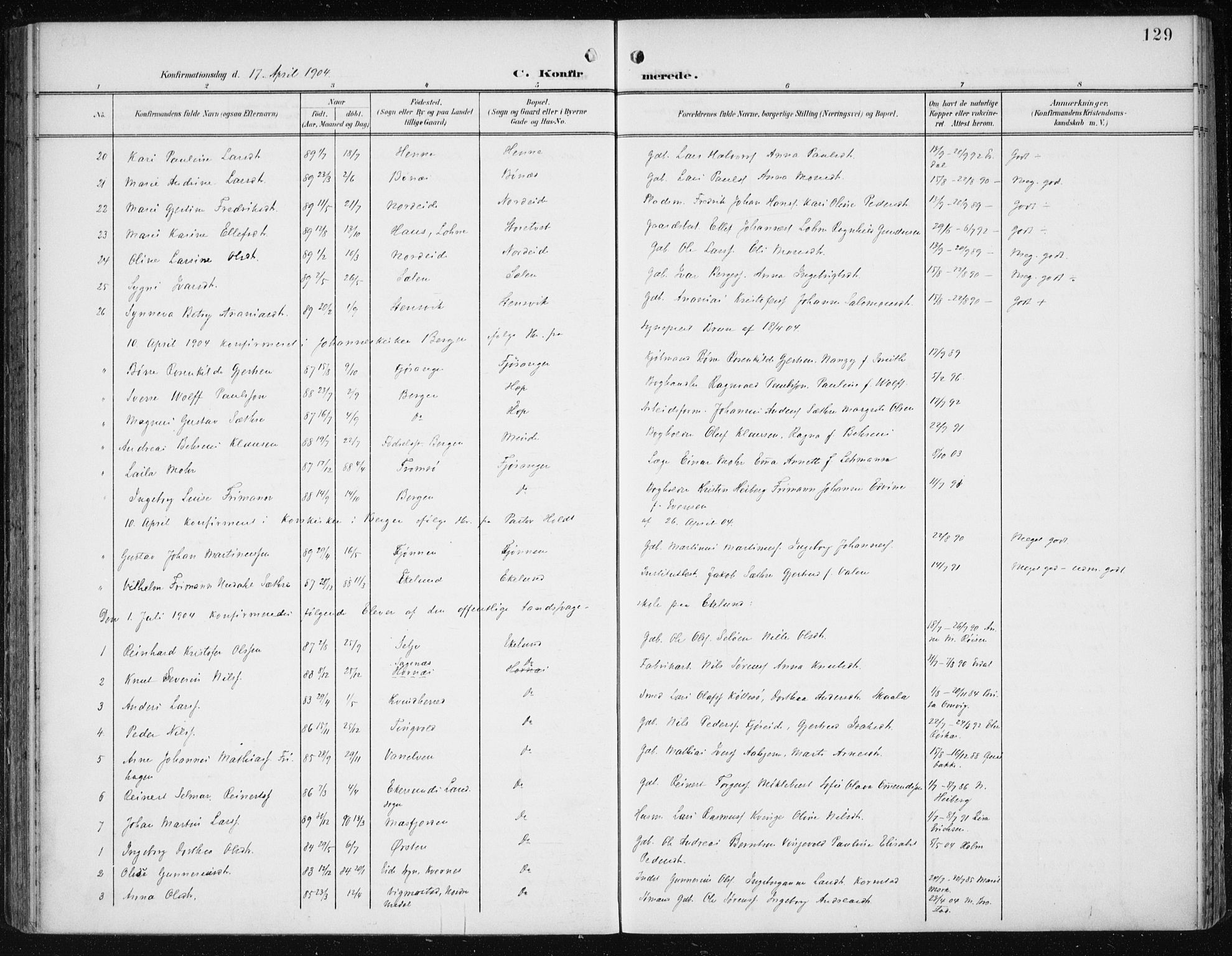 Fana Sokneprestembete, AV/SAB-A-75101/H/Haa/Haai/L0003: Ministerialbok nr. I 3, 1900-1912, s. 129