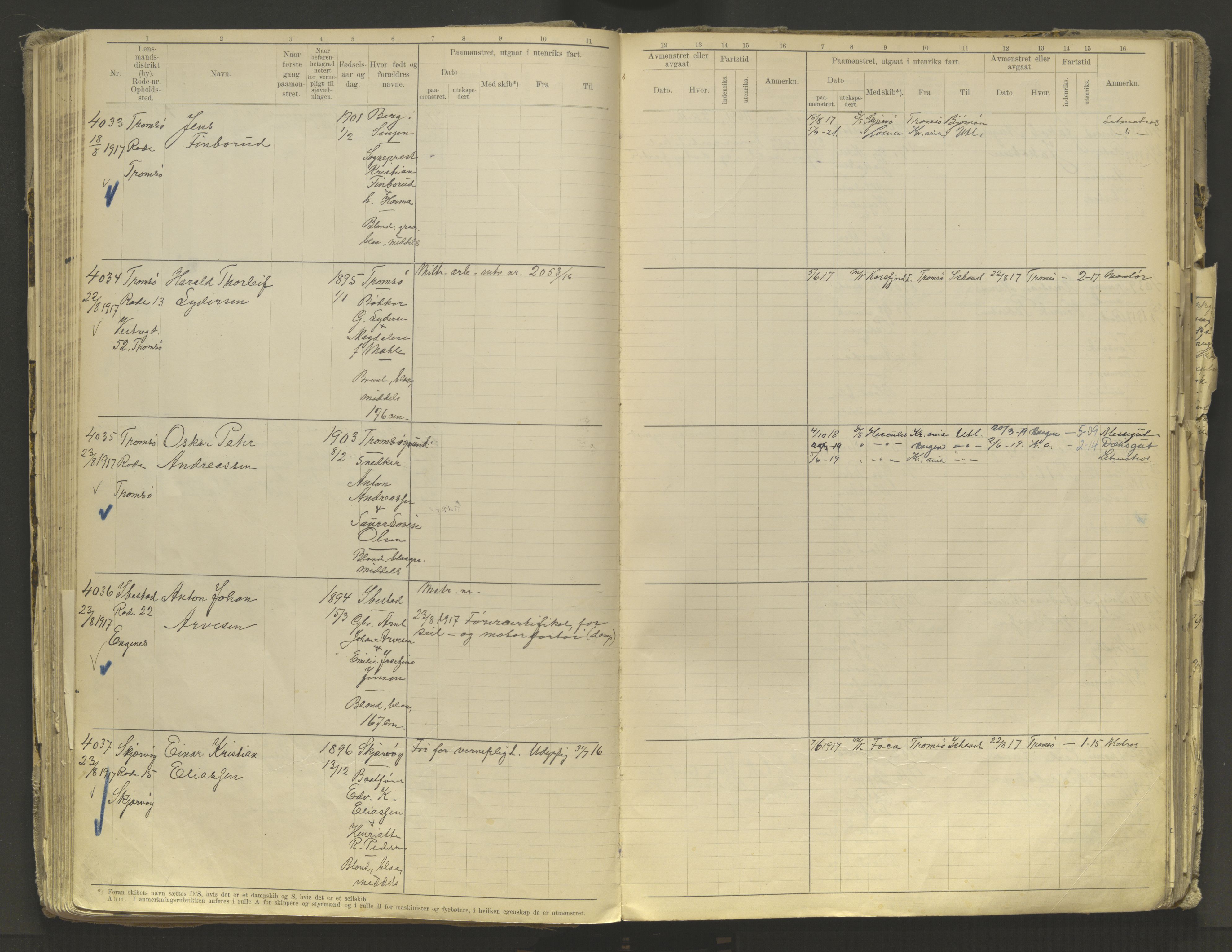 Tromsø sjømannskontor/innrullerings-/mønstringsdistrikt, AV/SATØ-S-0243/F/Fb/L0010: Annotasjonsrulle. Defekt: løs innbinding. Nr. 3519-4972, 1916-1920