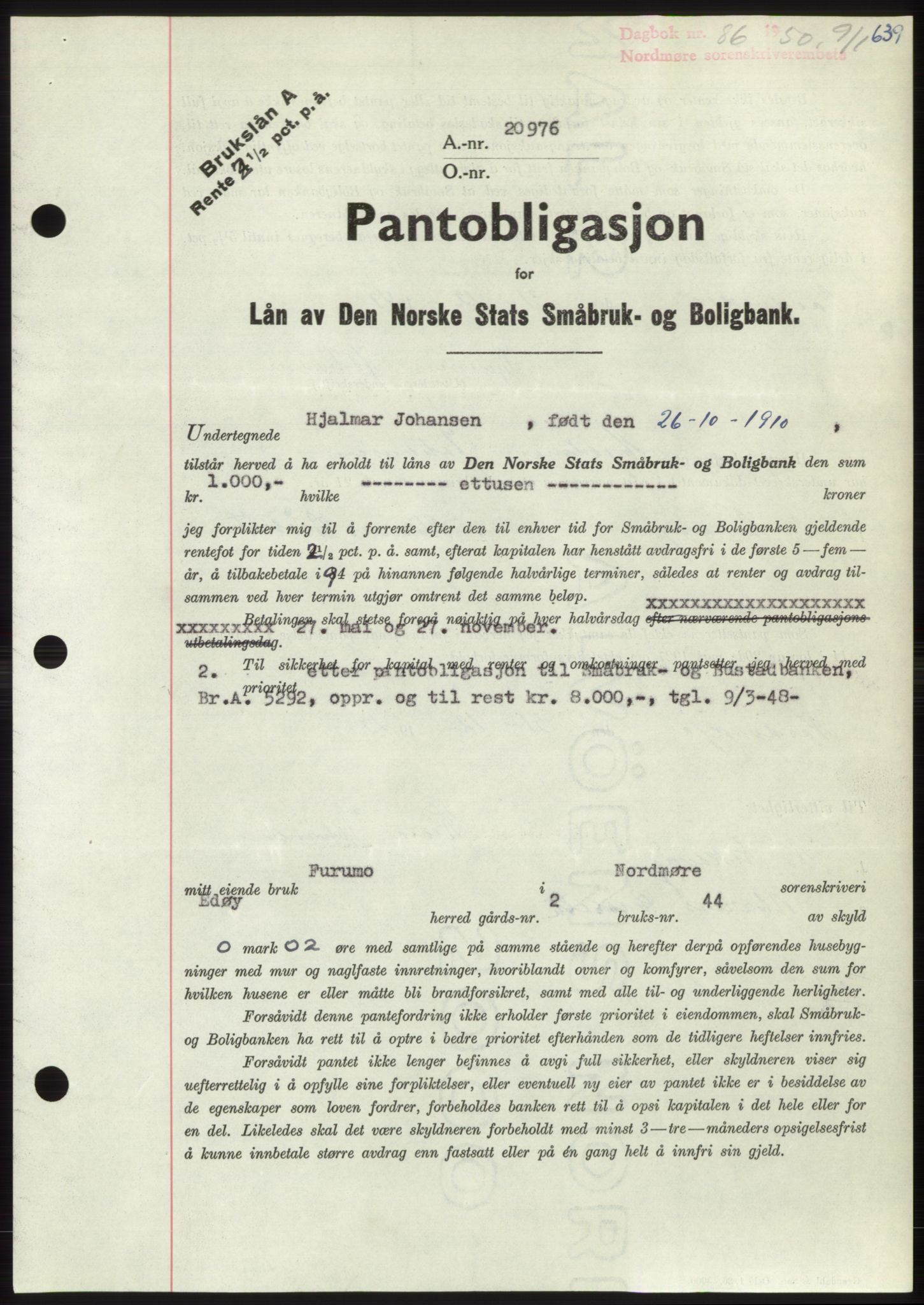 Nordmøre sorenskriveri, AV/SAT-A-4132/1/2/2Ca: Pantebok nr. B103, 1949-1950, Dagboknr: 86/1950