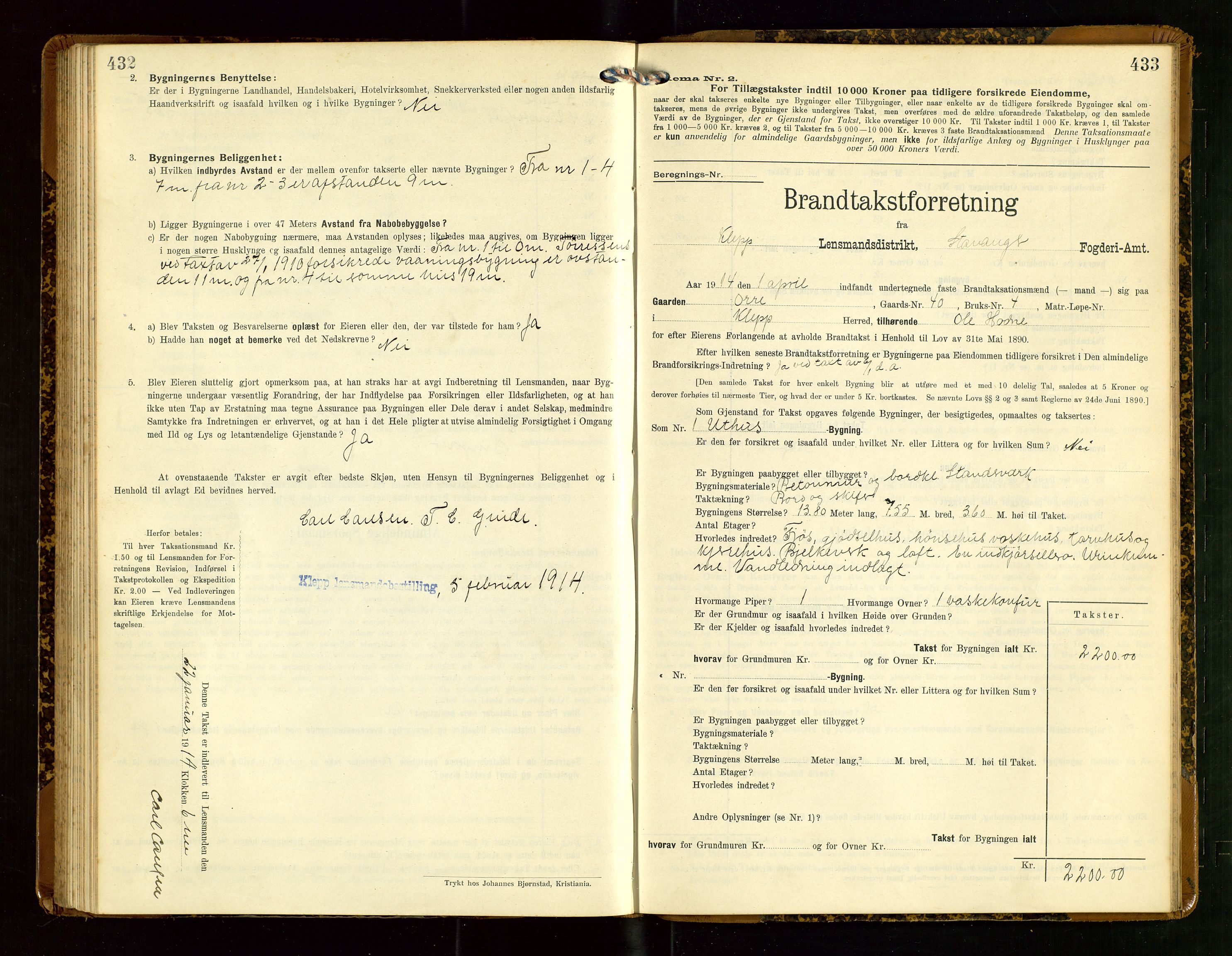 Klepp lensmannskontor, AV/SAST-A-100163/Goc/L0007: "Brandtaxationsprotokol" m/register, 1911-1915, s. 432-433