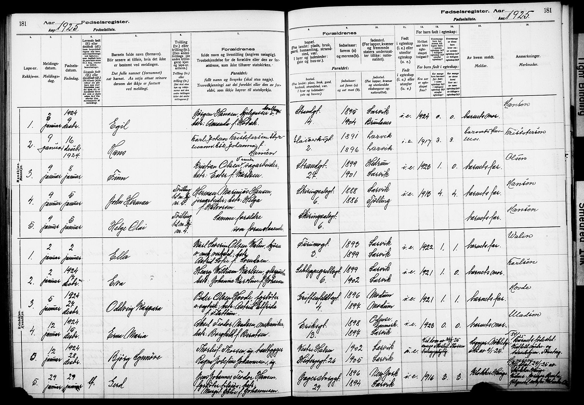 Larvik kirkebøker, AV/SAKO-A-352/J/Ja/L0001: Fødselsregister nr. I 1, 1916-1926, s. 181
