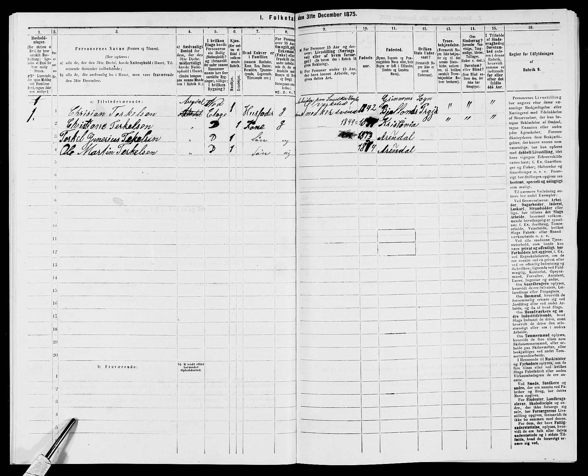 SAK, Folketelling 1875 for 0903P Arendal prestegjeld, 1875, s. 497