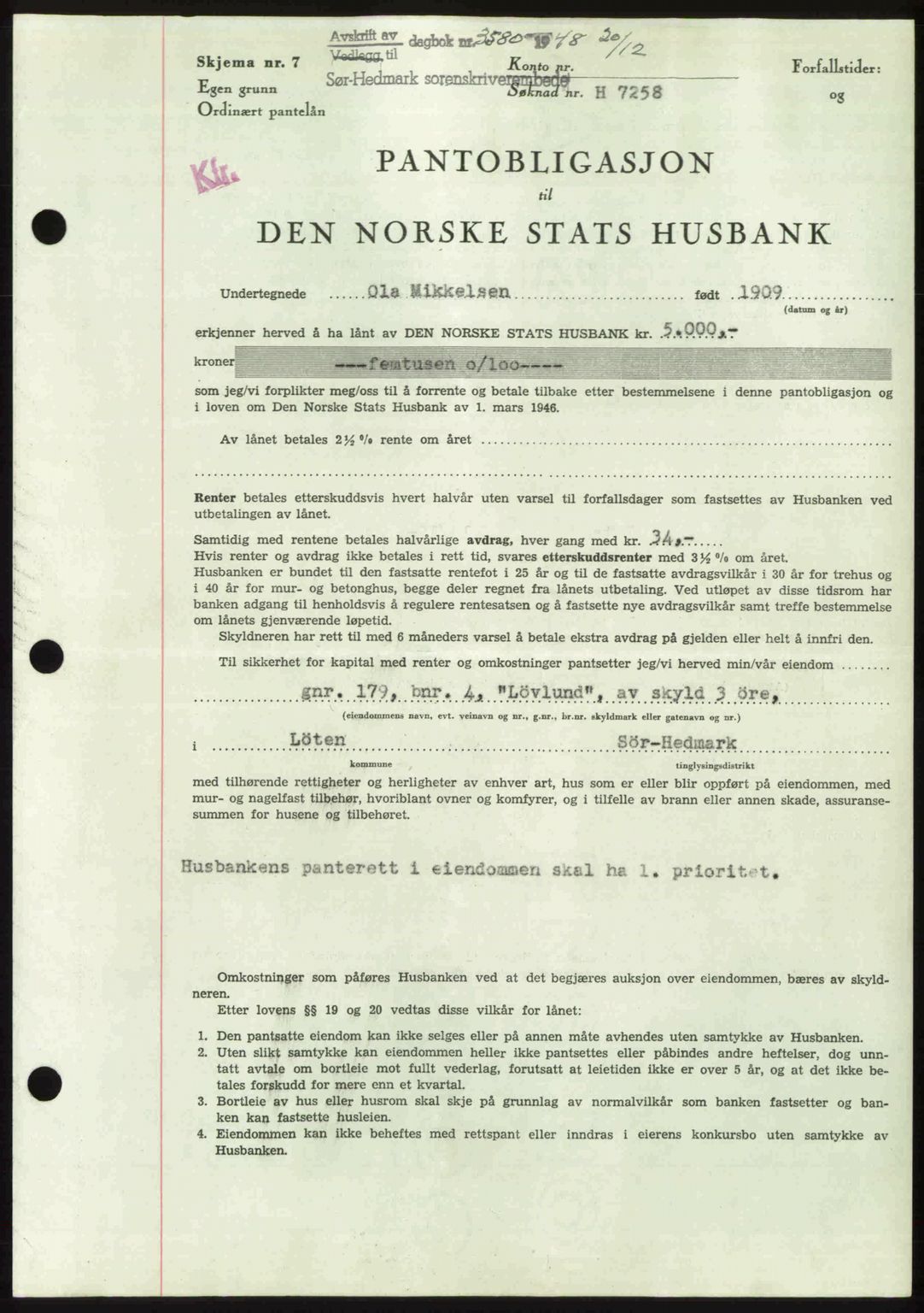 Sør-Hedmark sorenskriveri, SAH/TING-014/H/Hb/Hbd/L0018: Pantebok nr. 18, 1948-1949, Dagboknr: 3580/1948