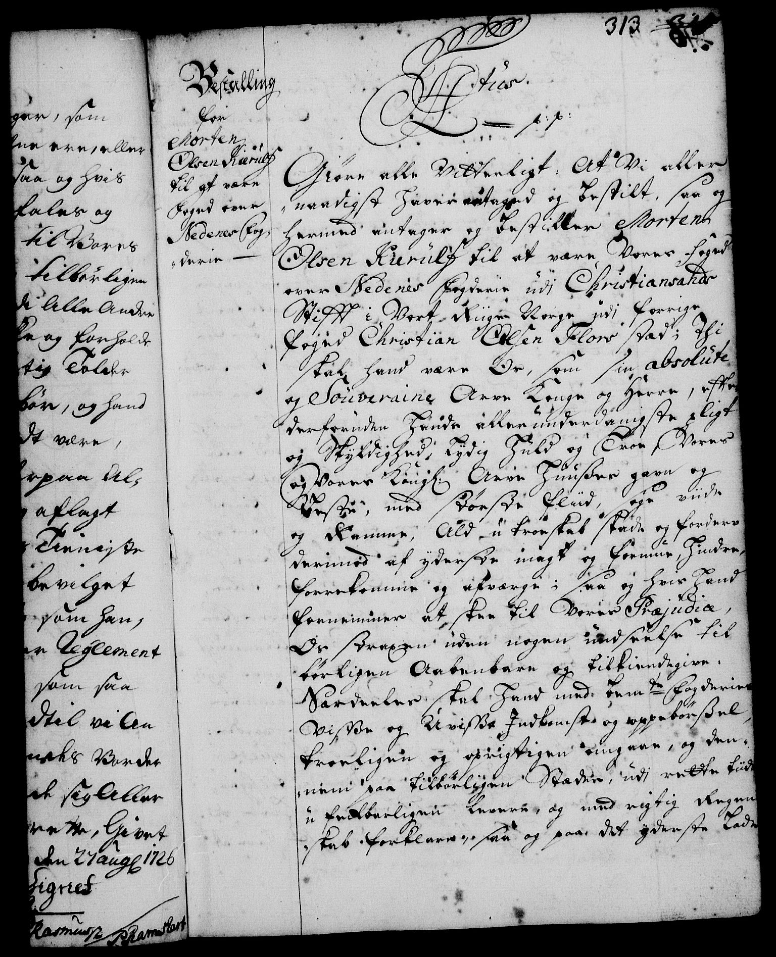 Rentekammeret, Kammerkanselliet, RA/EA-3111/G/Gg/Gge/L0001: Norsk bestallingsprotokoll med register (merket RK 53.25), 1720-1730, s. 313