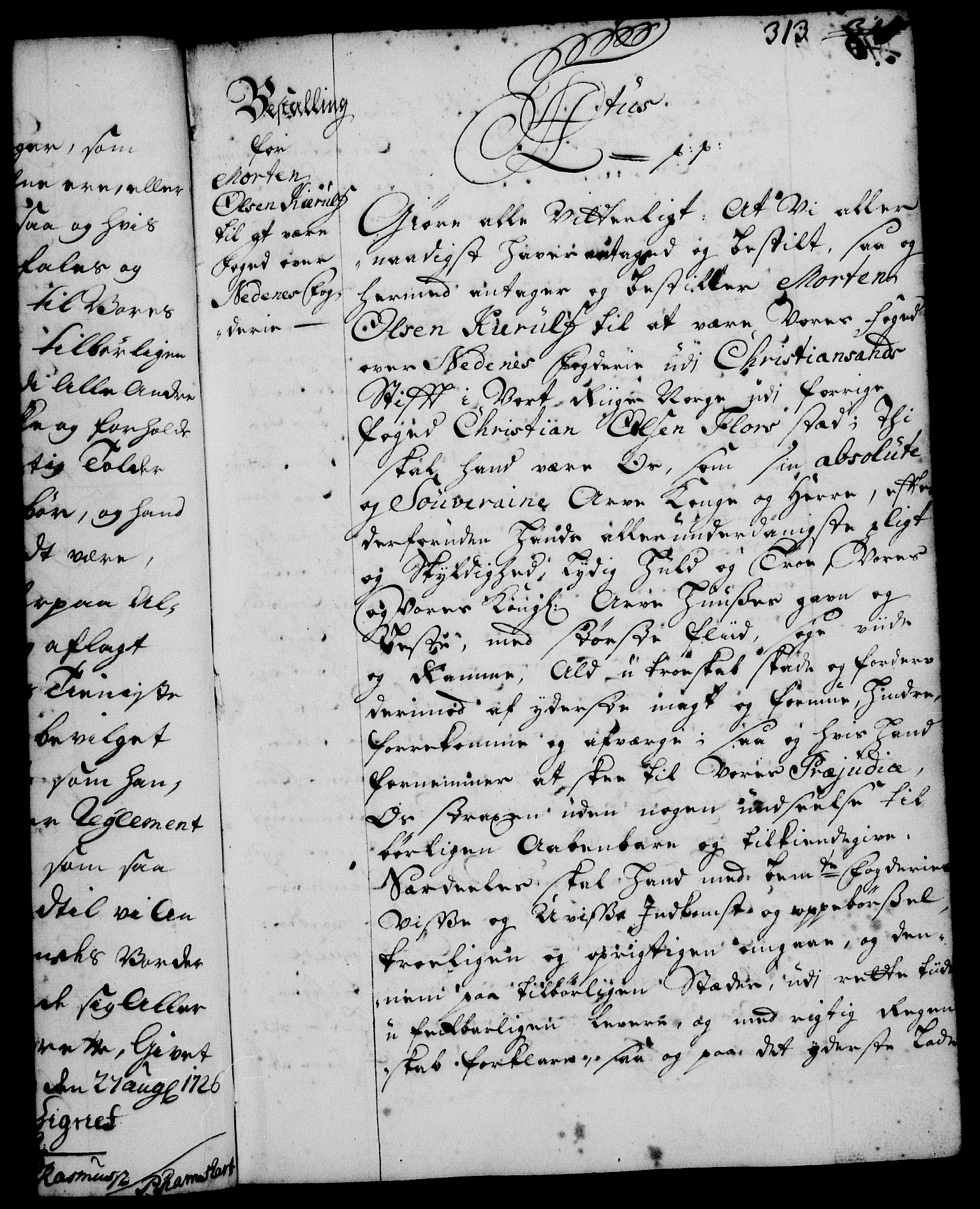 Rentekammeret, Kammerkanselliet, AV/RA-EA-3111/G/Gg/Gge/L0001: Norsk bestallingsprotokoll med register (merket RK 53.25), 1720-1730, s. 313