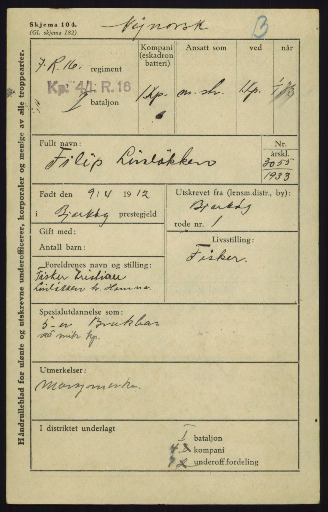 Forsvaret, Troms infanteriregiment nr. 16, AV/RA-RAFA-3146/P/Pa/L0017: Rulleblad for regimentets menige mannskaper, årsklasse 1933, 1933, s. 767