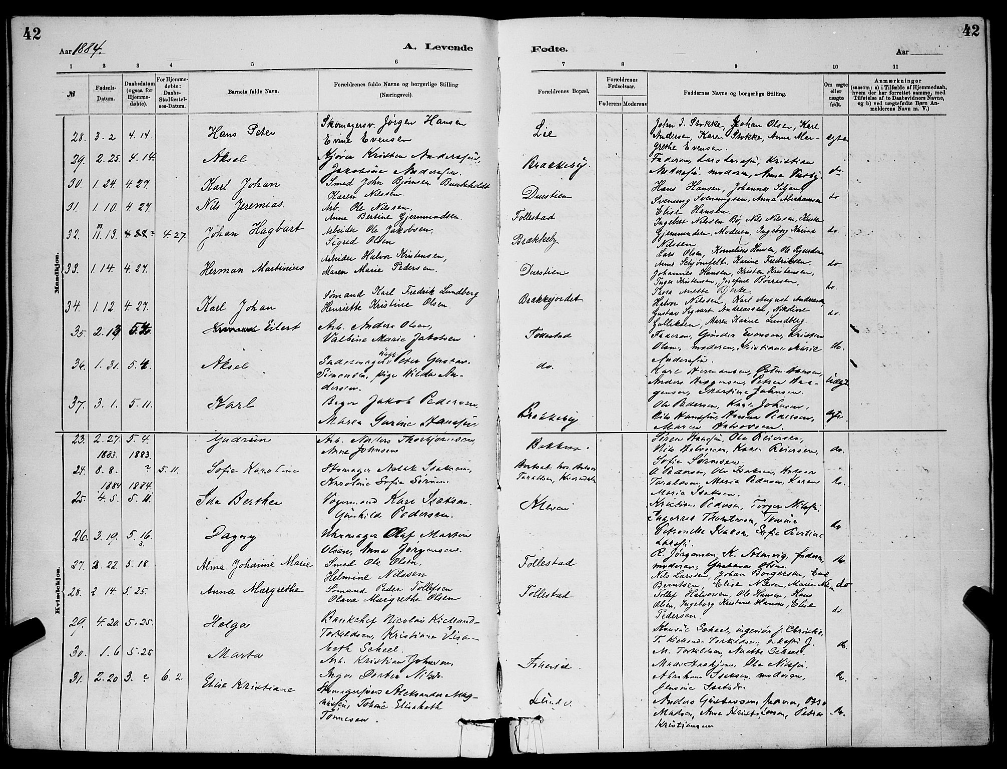 Skien kirkebøker, AV/SAKO-A-302/G/Ga/L0006: Klokkerbok nr. 6, 1881-1890, s. 42