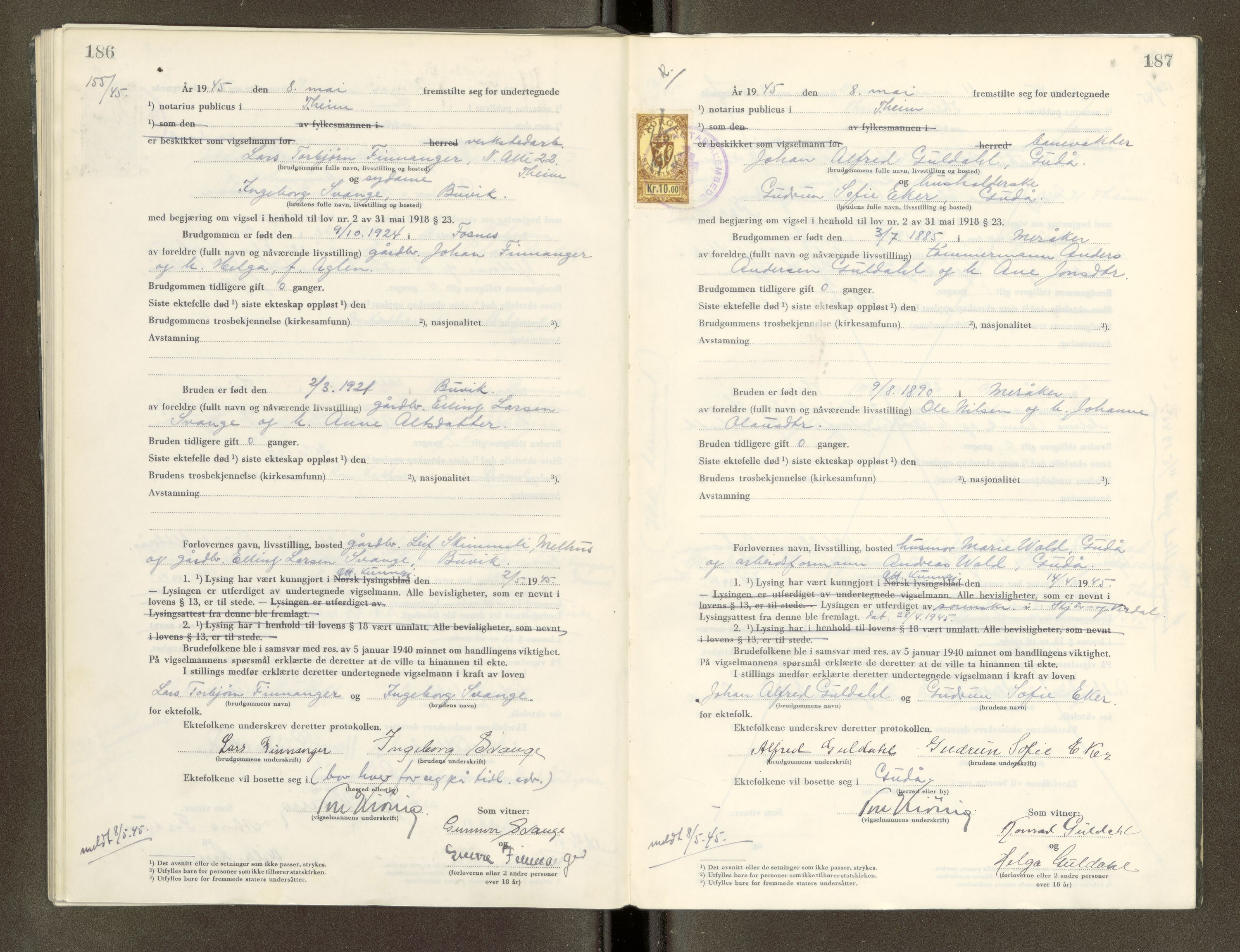 Trondheim byfogd, AV/SAT-A-0003/1/6/6D/L0005: Vigselbøker, 1944-1948, s. 186-187