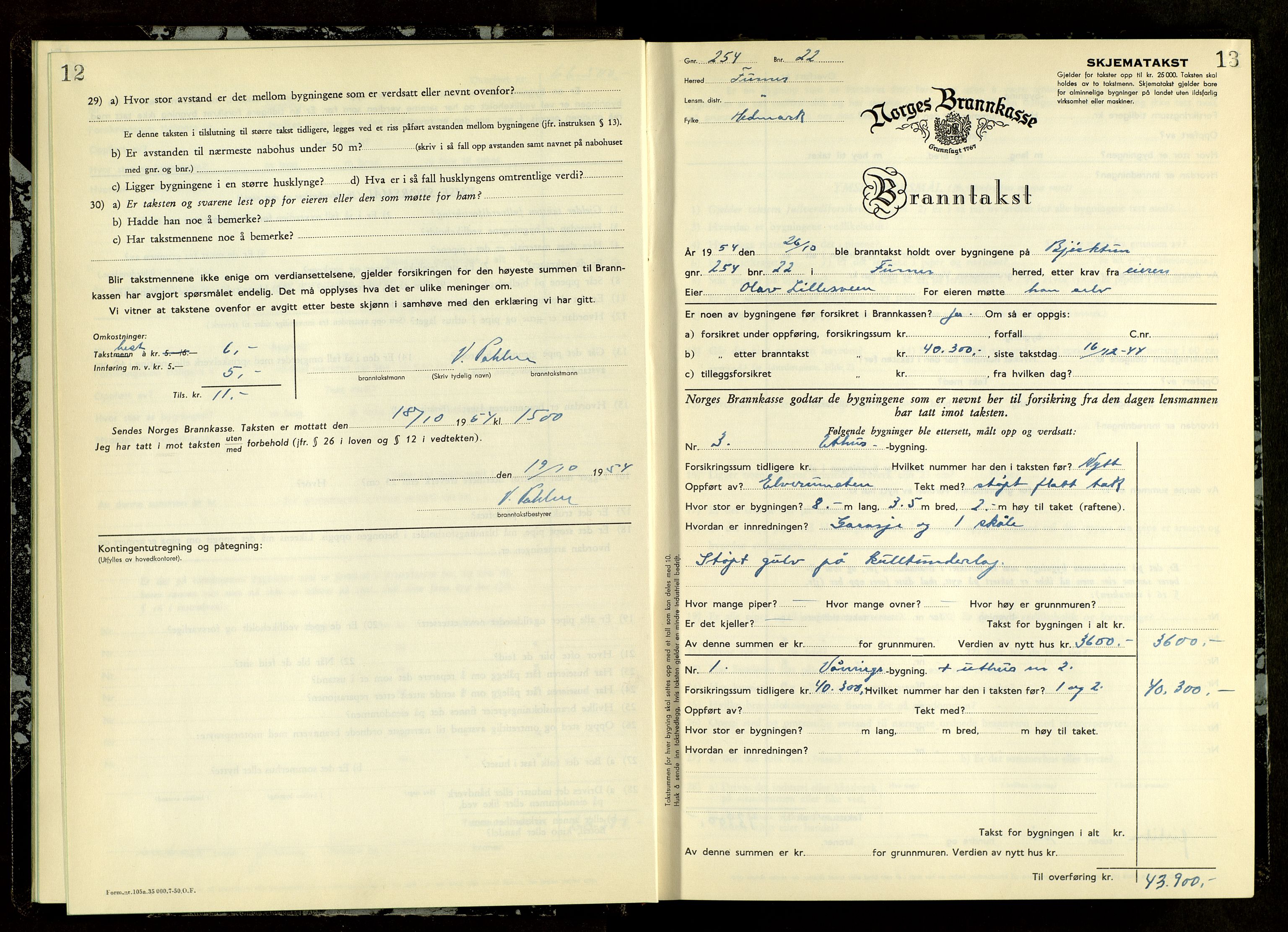 Norges Brannkasse, Furnes, AV/SAH-NBRANF-004/F/L0007: Branntakstprotokoll, 1954-1955, s. 12-13