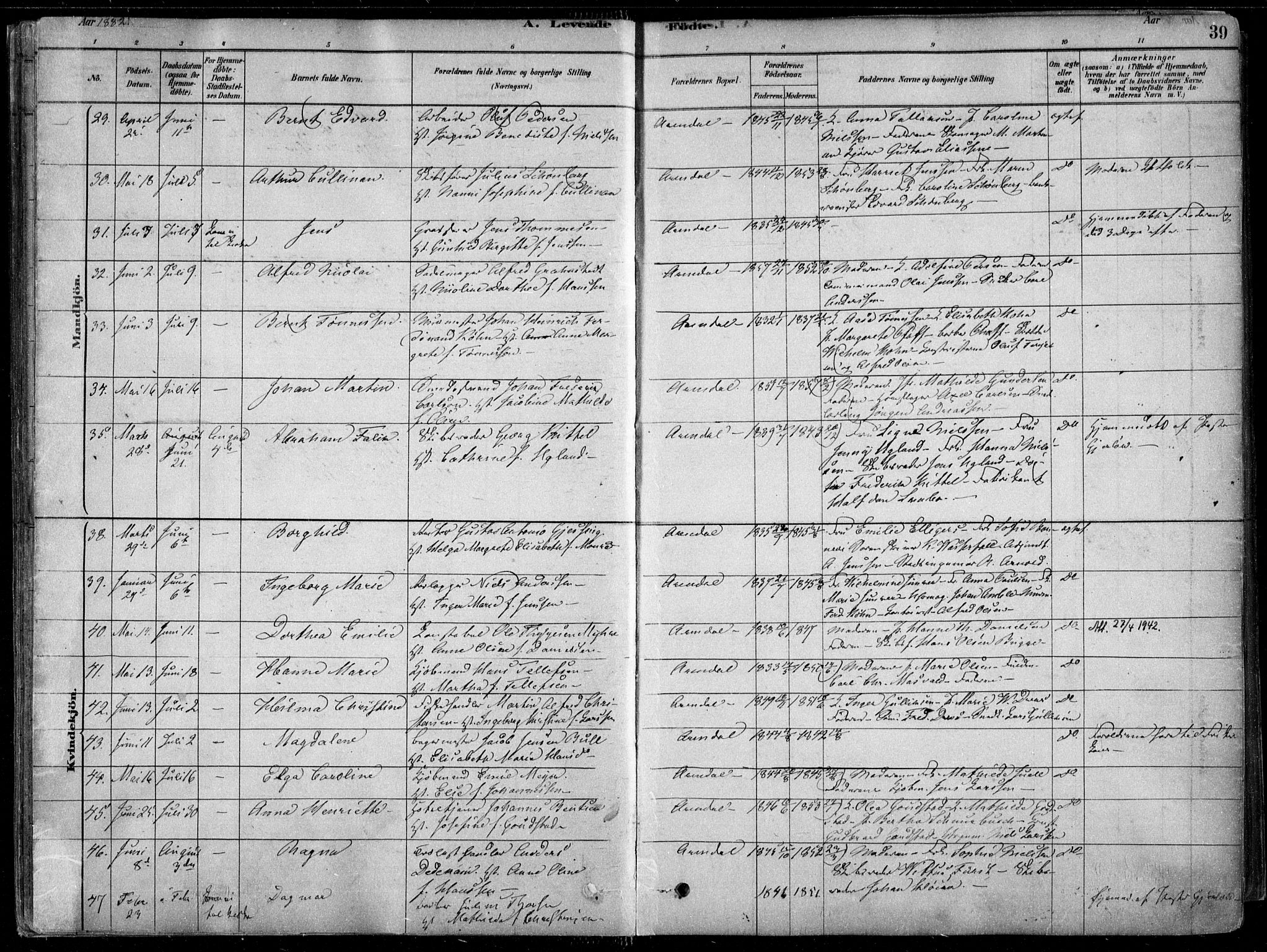 Arendal sokneprestkontor, Trefoldighet, AV/SAK-1111-0040/F/Fa/L0008: Ministerialbok nr. A 8, 1878-1899, s. 39