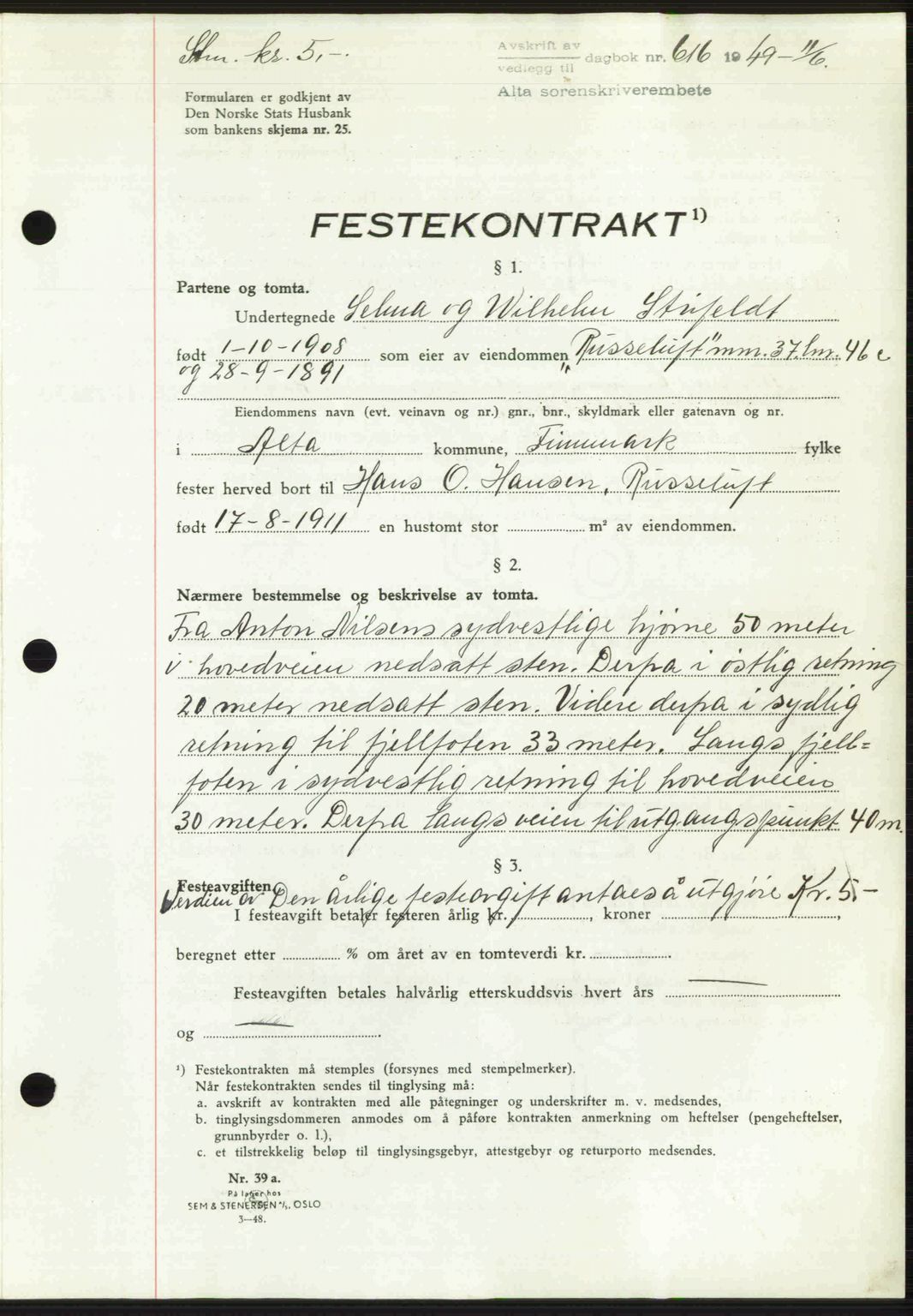 Alta fogderi/sorenskriveri, SATØ/SATØ-5/1/K/Kd/L0037pantebok: Pantebok nr. 39-40, 1948-1949, Dagboknr: 616/1949