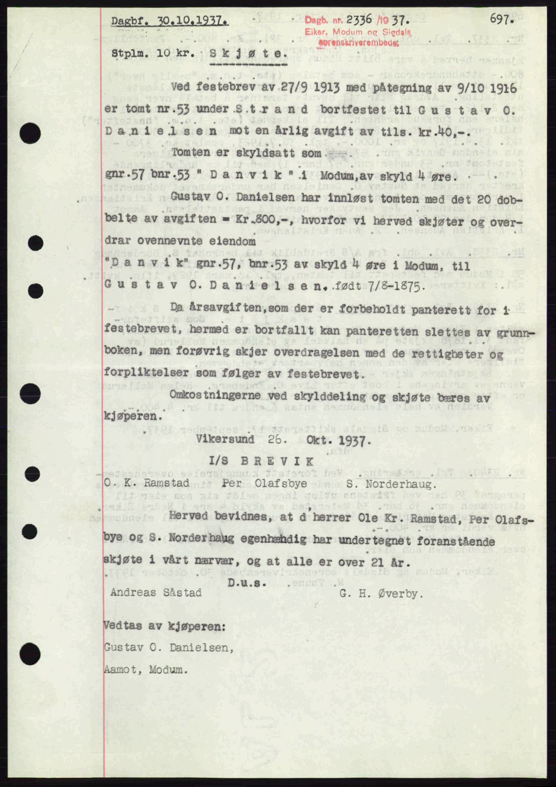 Eiker, Modum og Sigdal sorenskriveri, SAKO/A-123/G/Ga/Gab/L0036: Pantebok nr. A6, 1937-1937, Dagboknr: 2336/1937