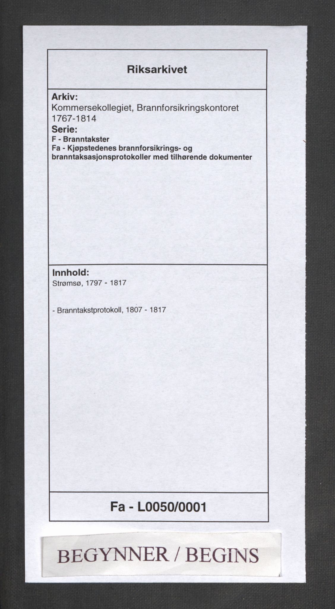 Kommersekollegiet, Brannforsikringskontoret 1767-1814, RA/EA-5458/F/Fa/L0050/0001: Strømsø / Branntakstprotokoll, 1807-1817