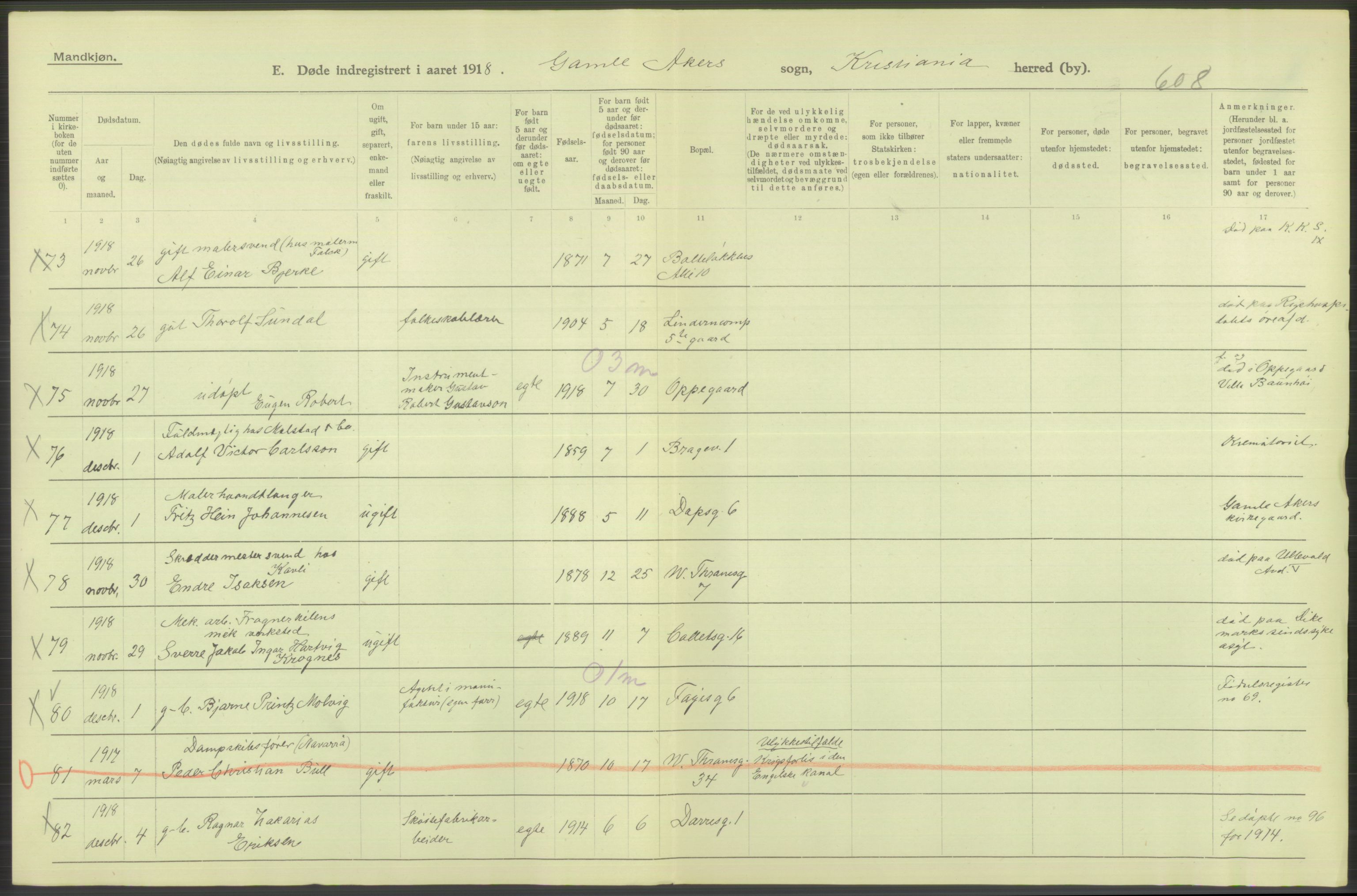 Statistisk sentralbyrå, Sosiodemografiske emner, Befolkning, RA/S-2228/D/Df/Dfb/Dfbh/L0010: Kristiania: Døde, 1918, s. 336