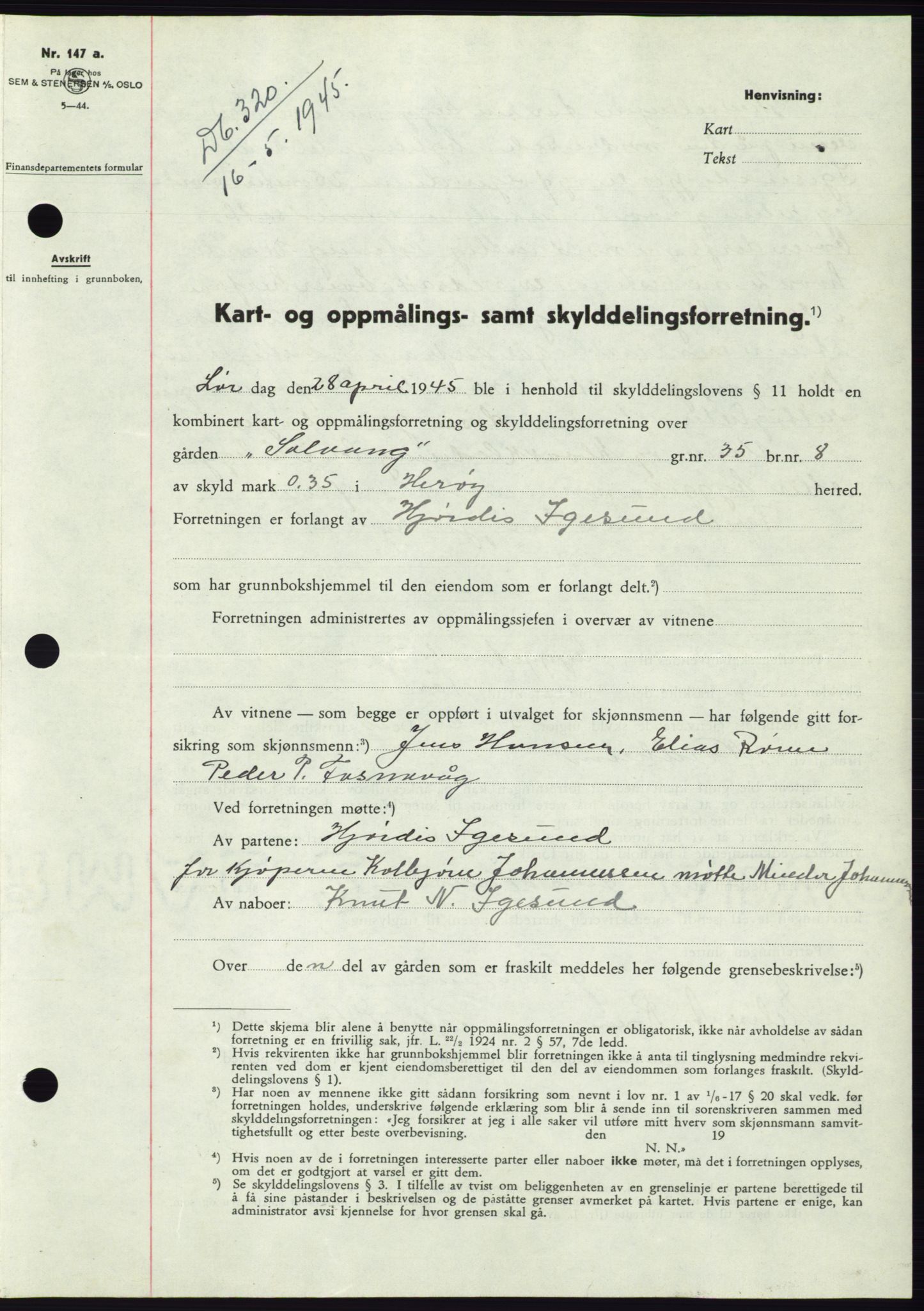 Søre Sunnmøre sorenskriveri, SAT/A-4122/1/2/2C/L0077: Pantebok nr. 3A, 1945-1946, Dagboknr: 320/1945