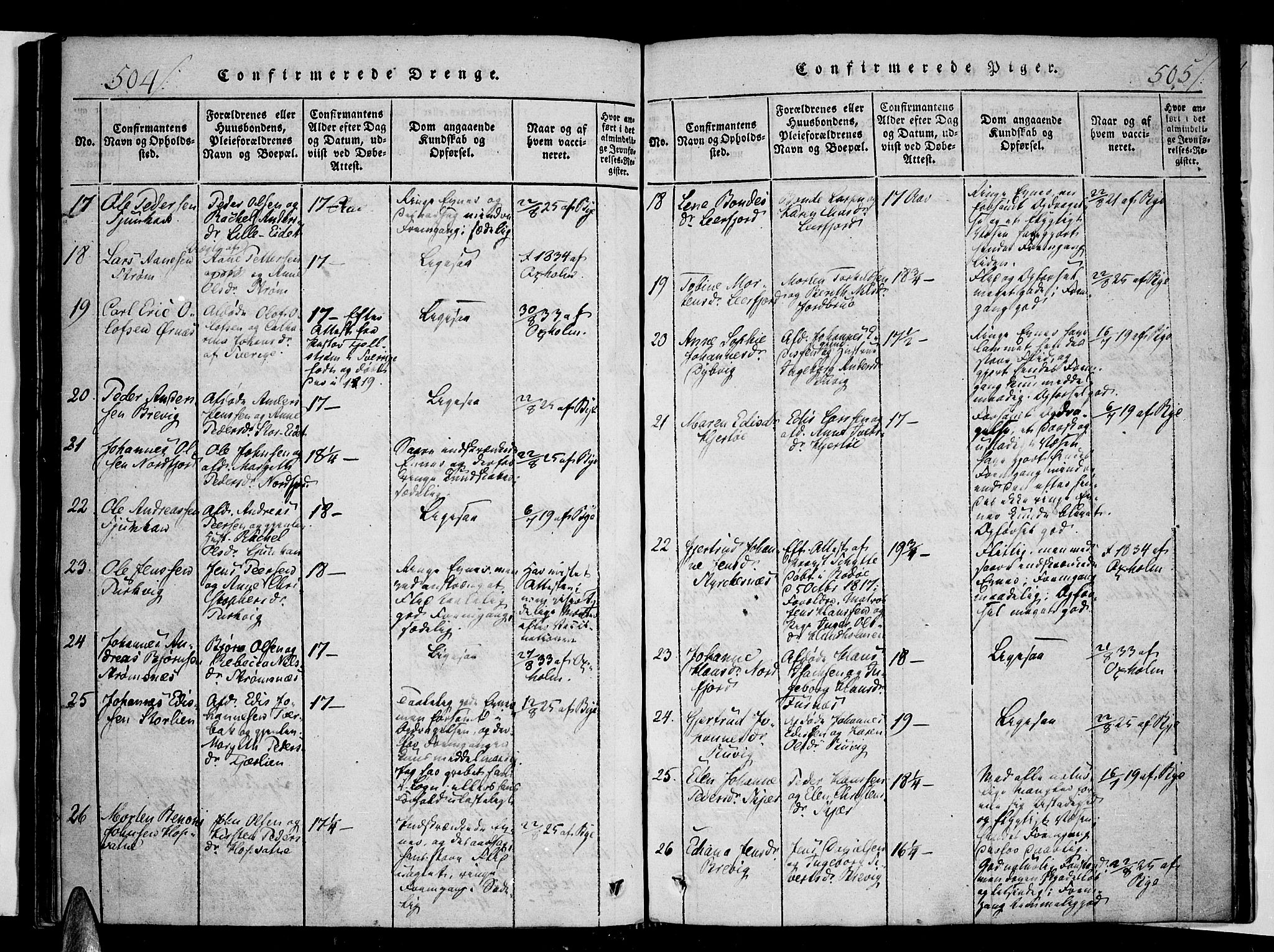 Ministerialprotokoller, klokkerbøker og fødselsregistre - Nordland, AV/SAT-A-1459/853/L0768: Ministerialbok nr. 853A07, 1821-1836, s. 504-505