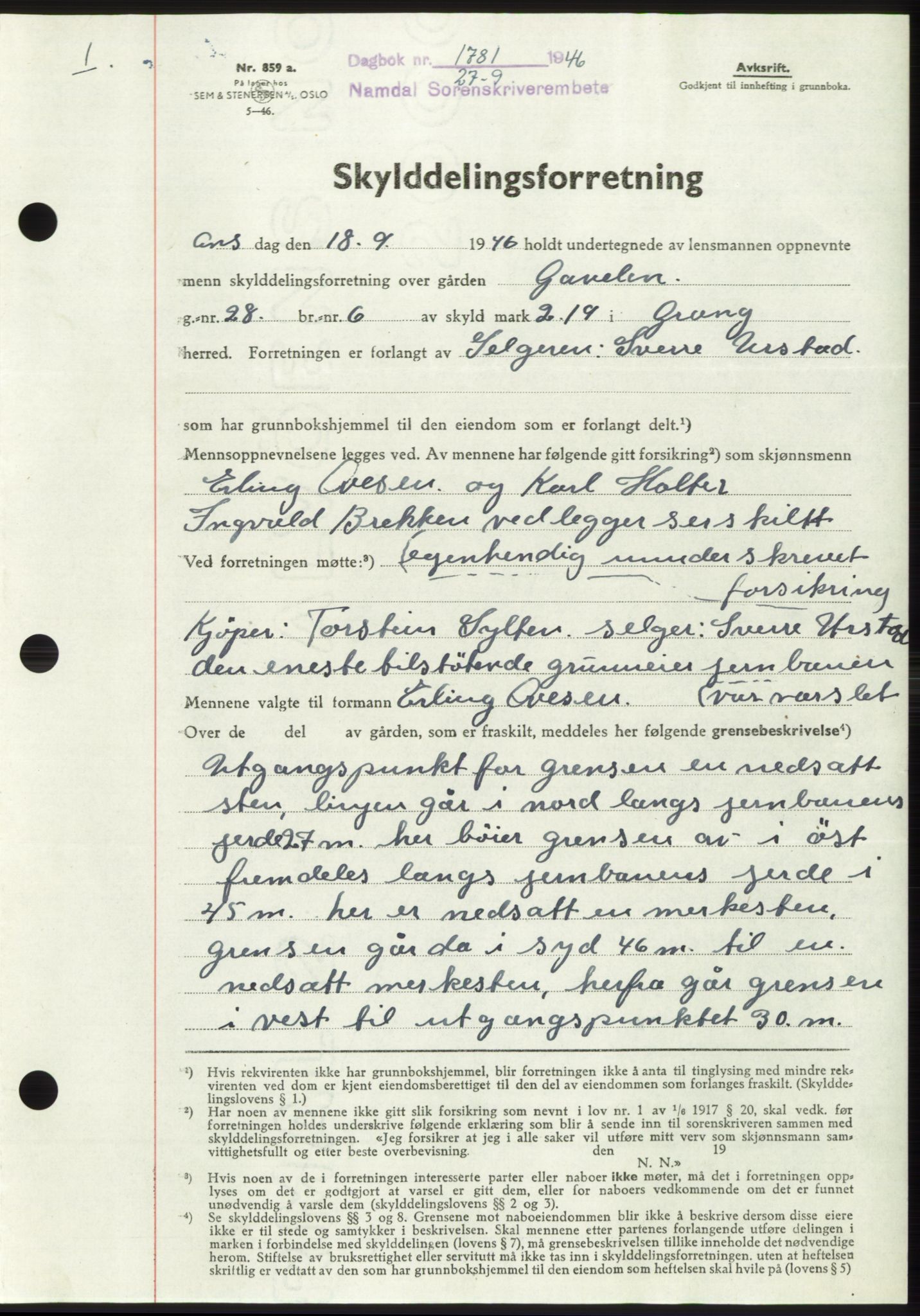 Namdal sorenskriveri, SAT/A-4133/1/2/2C: Pantebok nr. -, 1946-1947, Dagboknr: 1781/1946