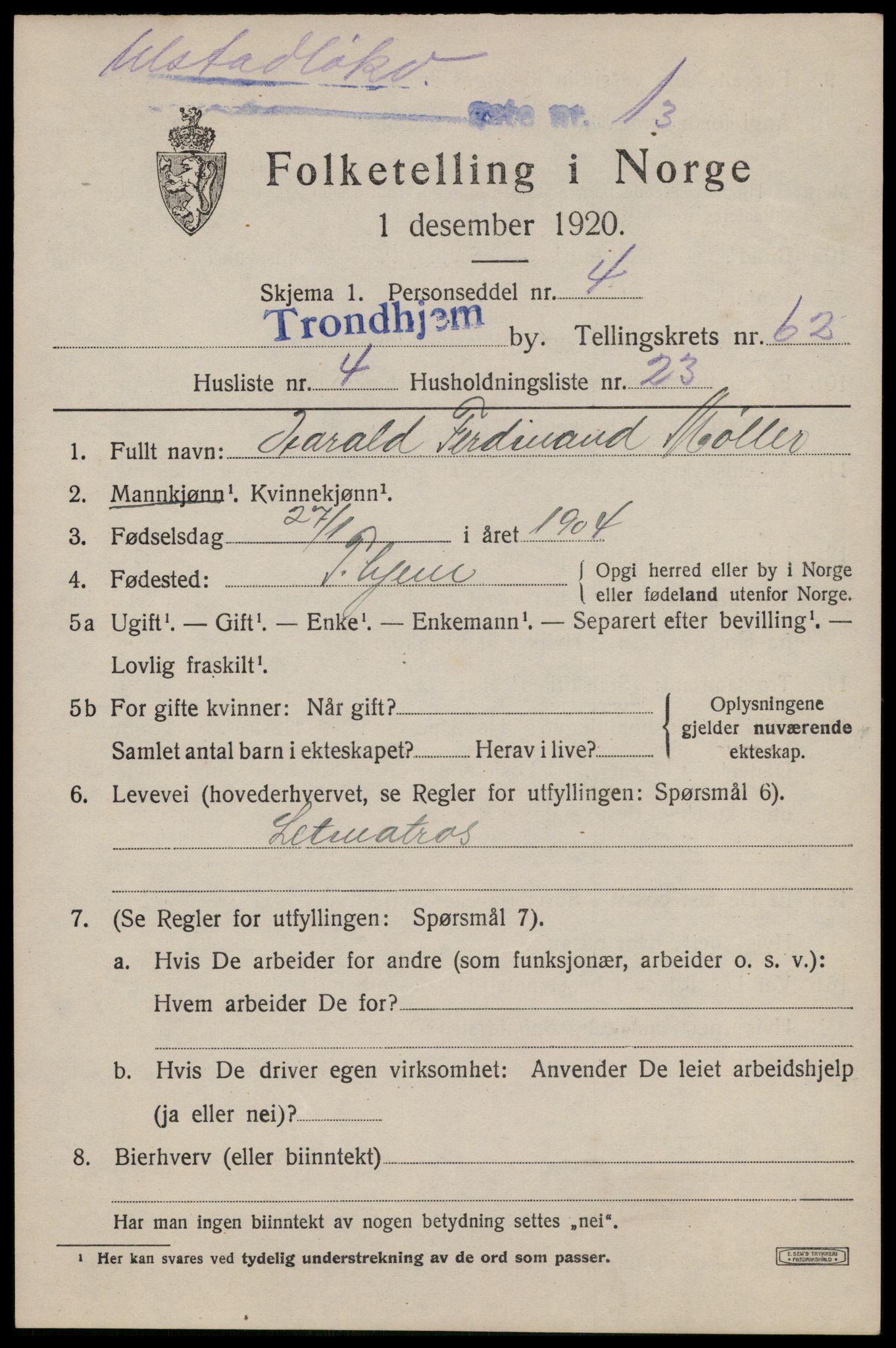 SAT, Folketelling 1920 for 1601 Trondheim kjøpstad, 1920, s. 124464
