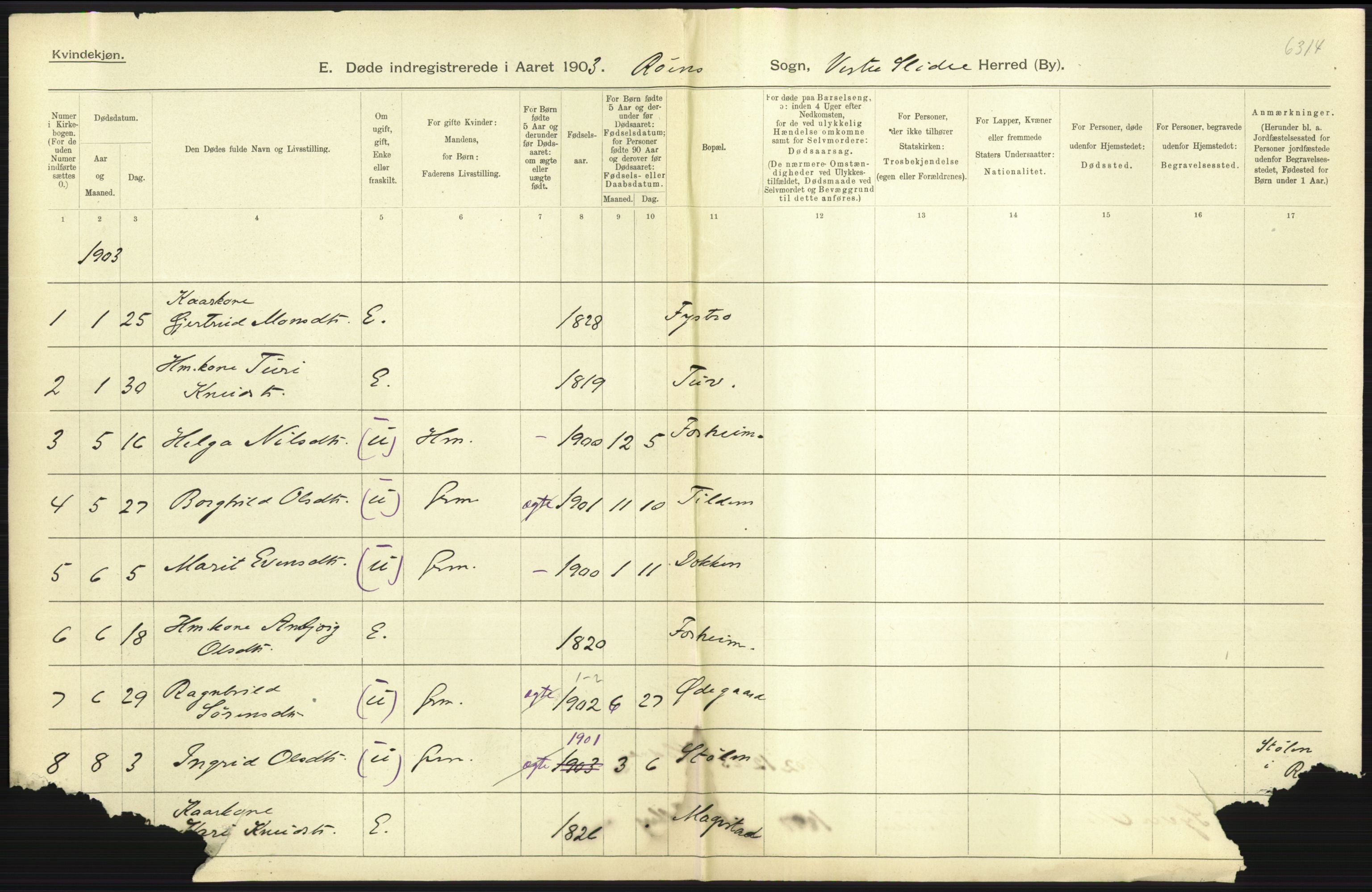 Statistisk sentralbyrå, Sosiodemografiske emner, Befolkning, AV/RA-S-2228/D/Df/Dfa/Dfaa/L0006: Kristians amt: Fødte, gifte, døde, 1903, s. 645