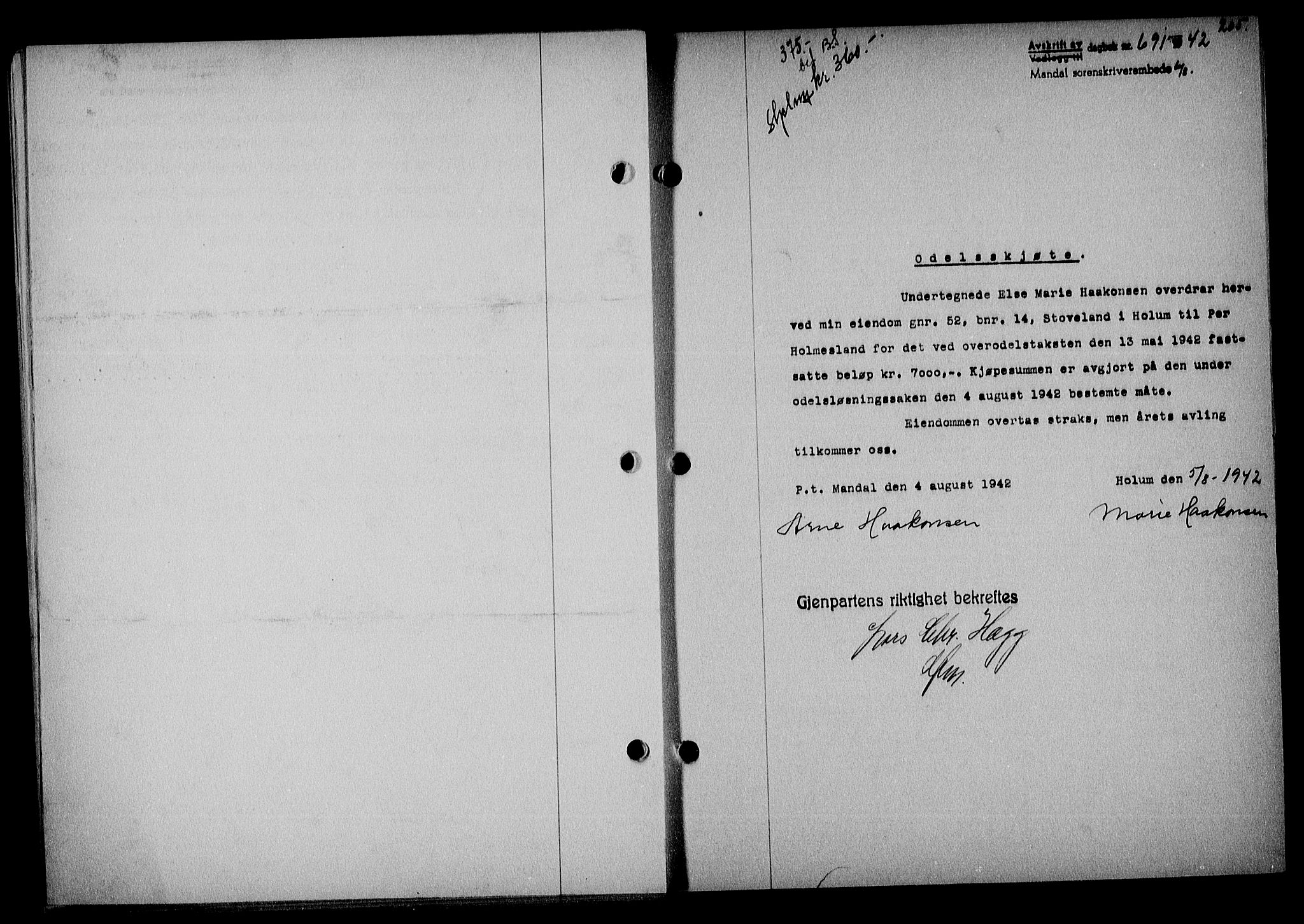 Mandal sorenskriveri, SAK/1221-0005/001/G/Gb/Gba/L0074: Pantebok nr. A-11, 1942-1943, Dagboknr: 691/1942