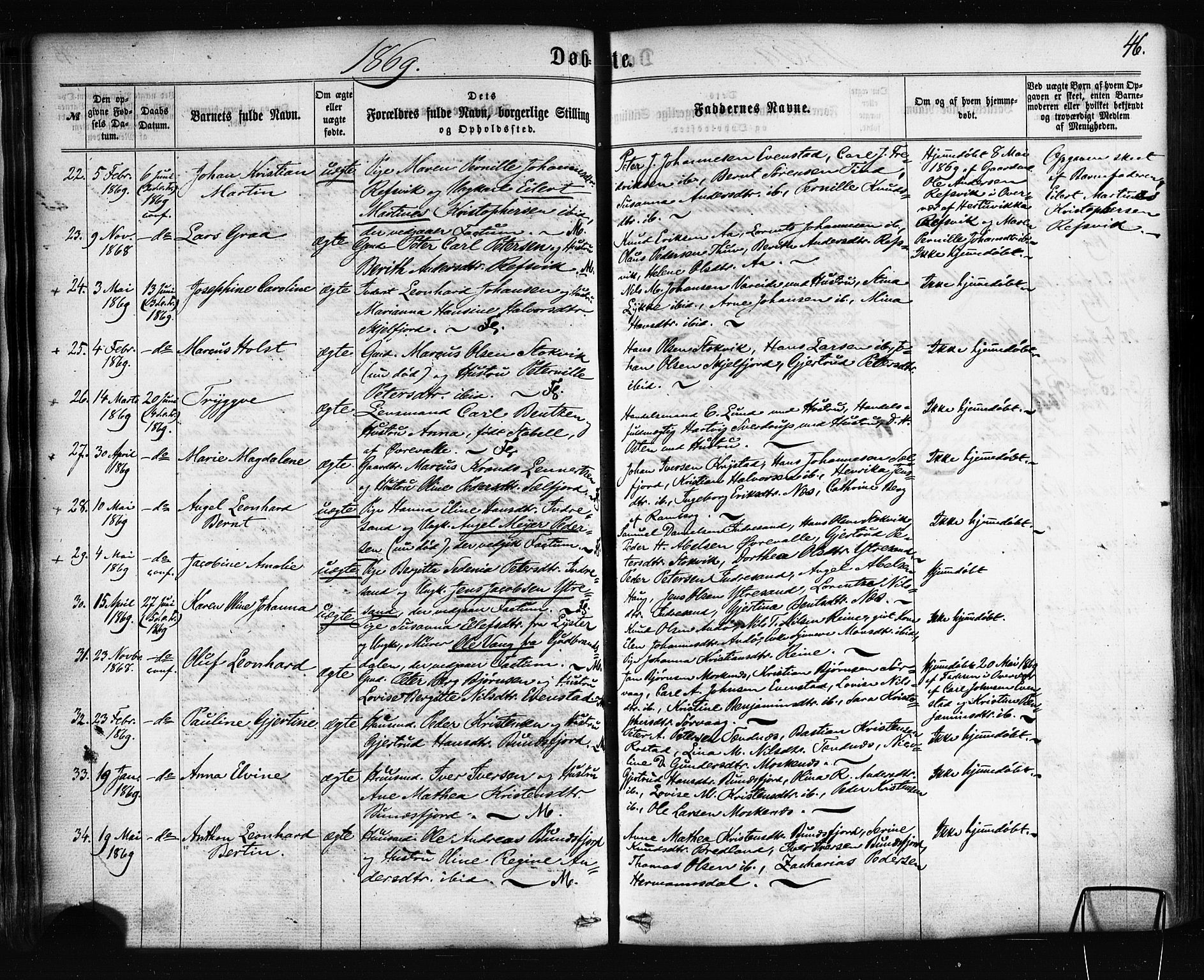 Ministerialprotokoller, klokkerbøker og fødselsregistre - Nordland, AV/SAT-A-1459/885/L1203: Ministerialbok nr. 885A04, 1859-1877, s. 46