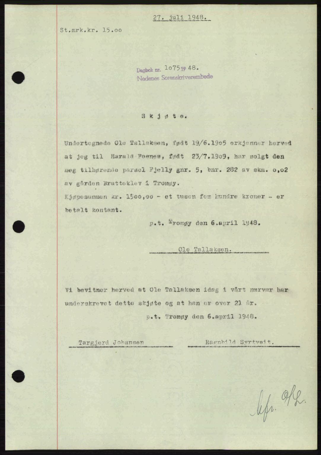 Nedenes sorenskriveri, SAK/1221-0006/G/Gb/Gba/L0059: Pantebok nr. A11, 1948-1948, Dagboknr: 1075/1948