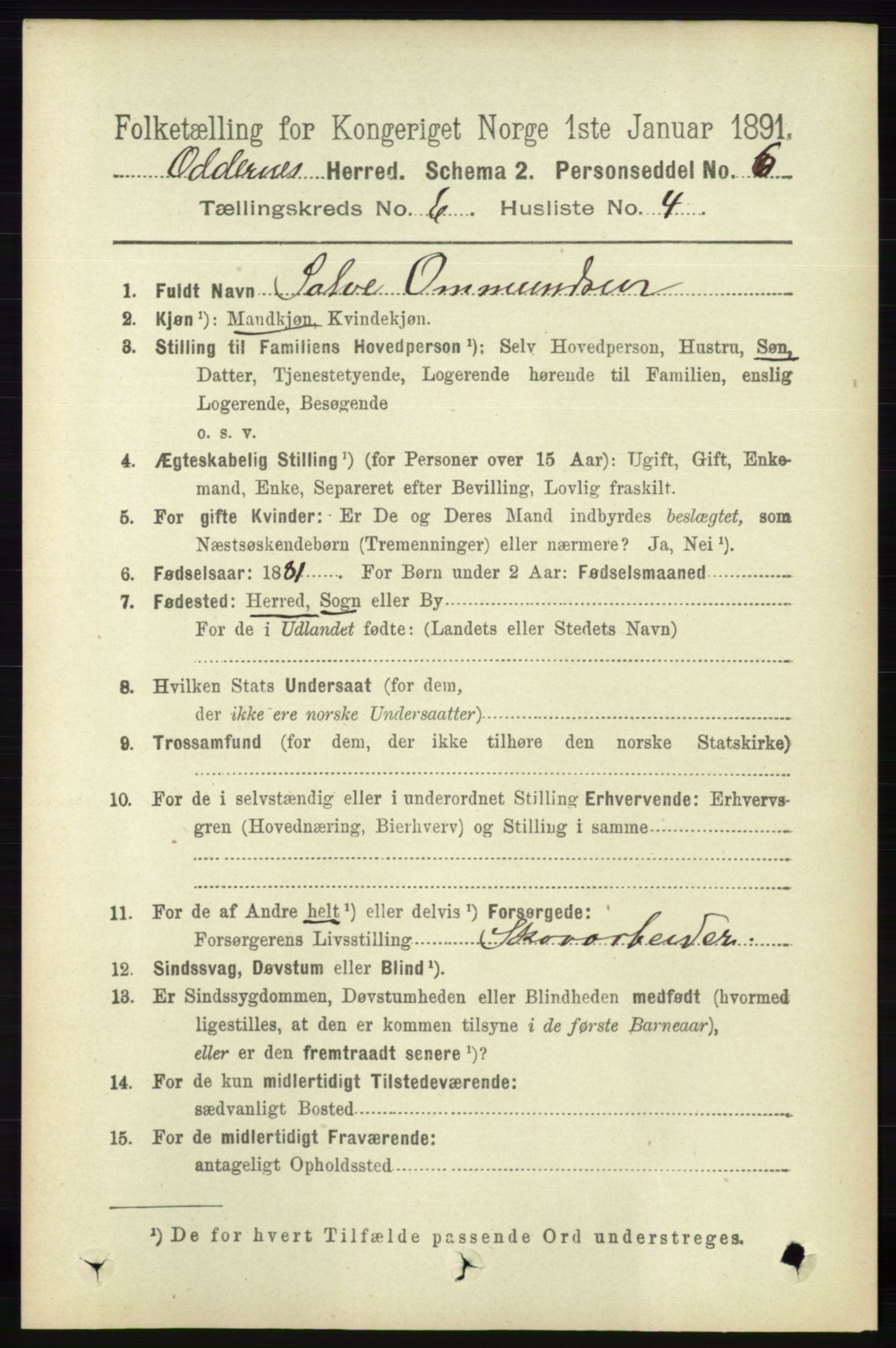 RA, Folketelling 1891 for 1012 Oddernes herred, 1891, s. 2211