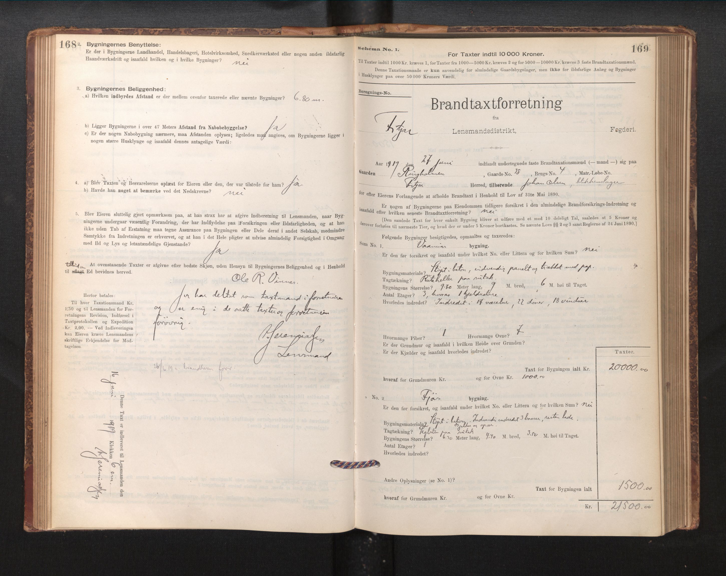 Lensmannen i Fitjar, AV/SAB-A-32001/0012/L0001: Branntakstprotokoll, skjematakst, 1895-1948, s. 168-169