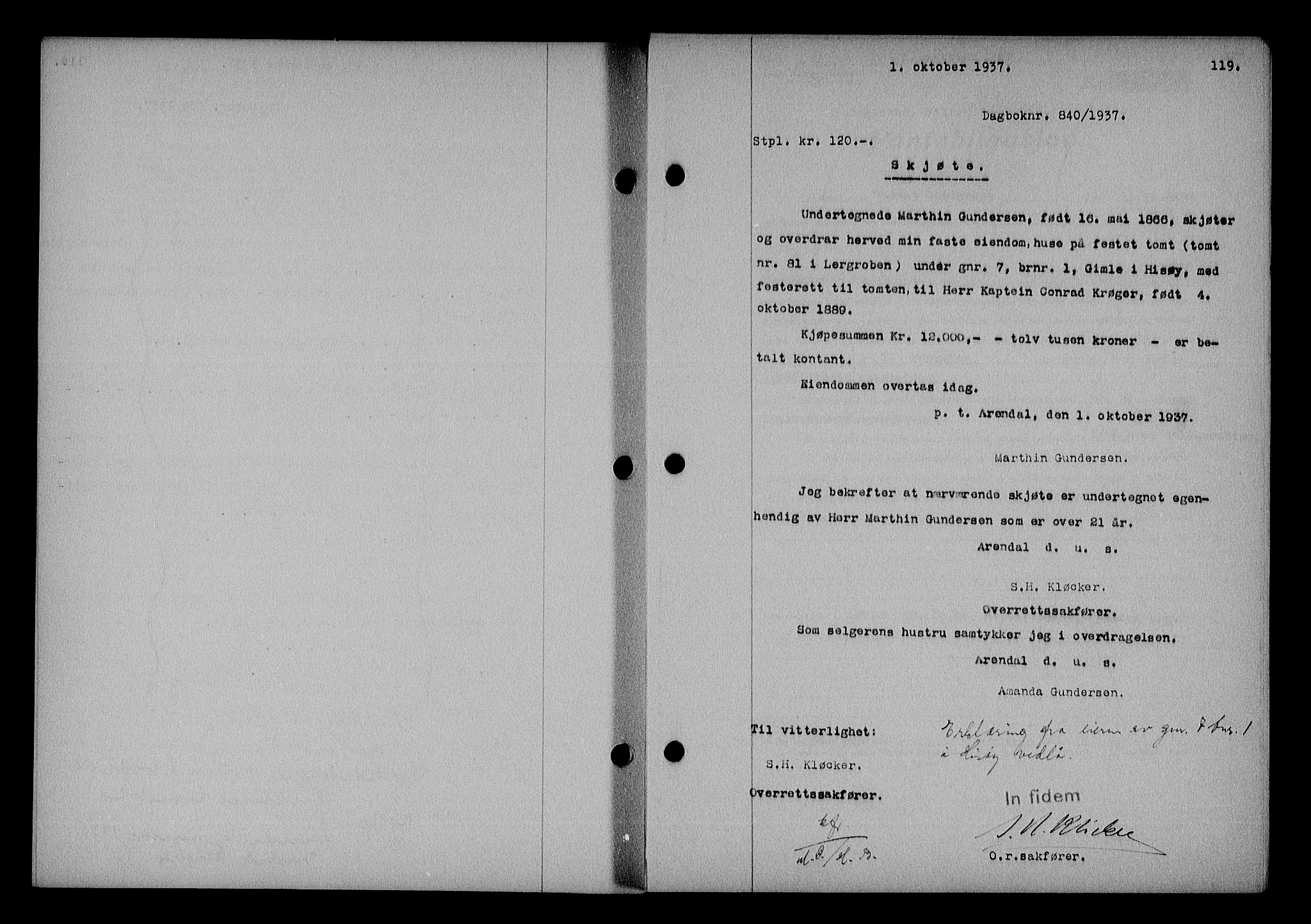 Nedenes sorenskriveri, AV/SAK-1221-0006/G/Gb/Gba/L0044: Pantebok nr. 40, 1937-1938, Dagboknr: 840/1937