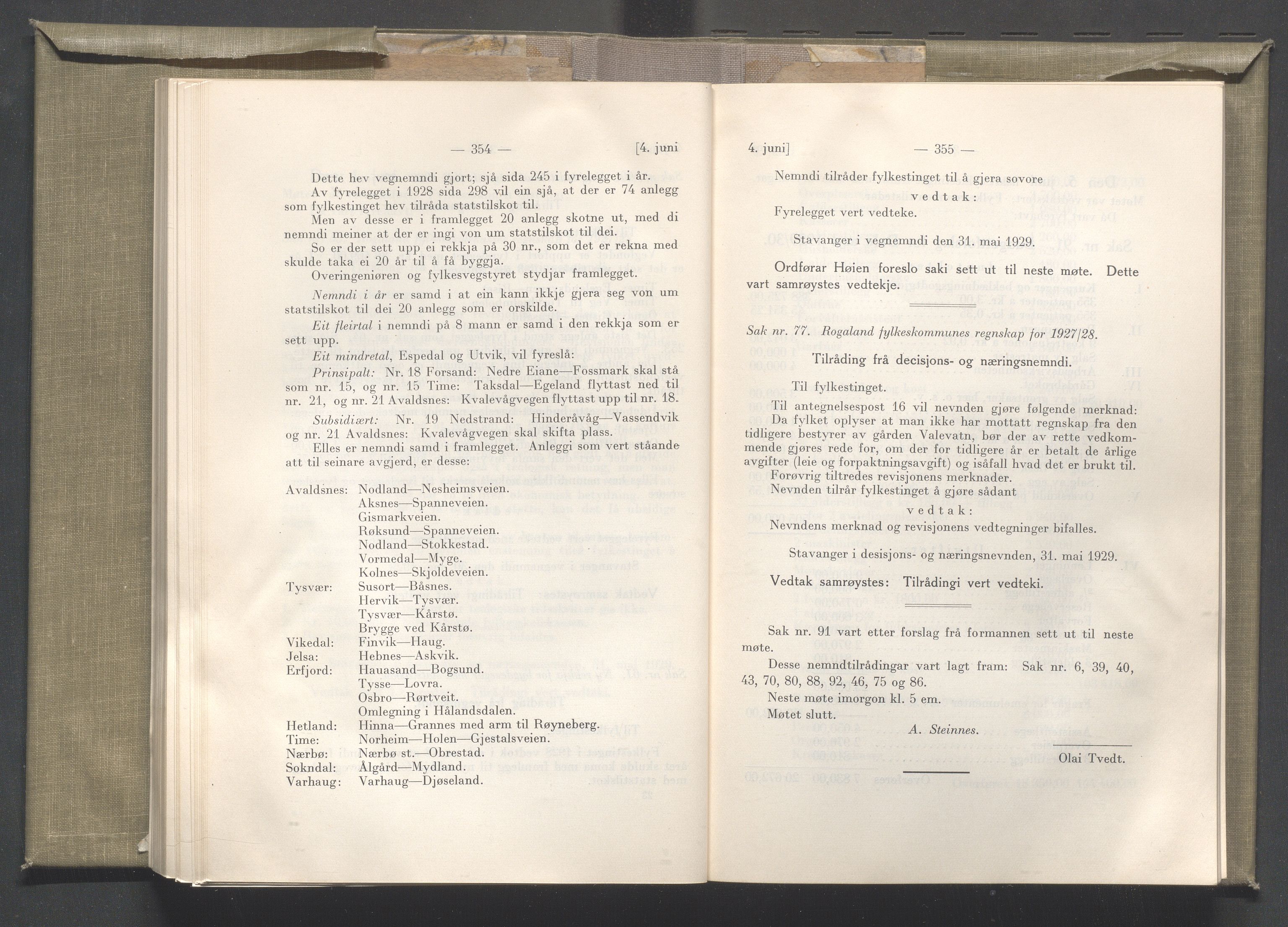 Rogaland fylkeskommune - Fylkesrådmannen , IKAR/A-900/A/Aa/Aaa/L0048: Møtebok , 1929, s. 354-355