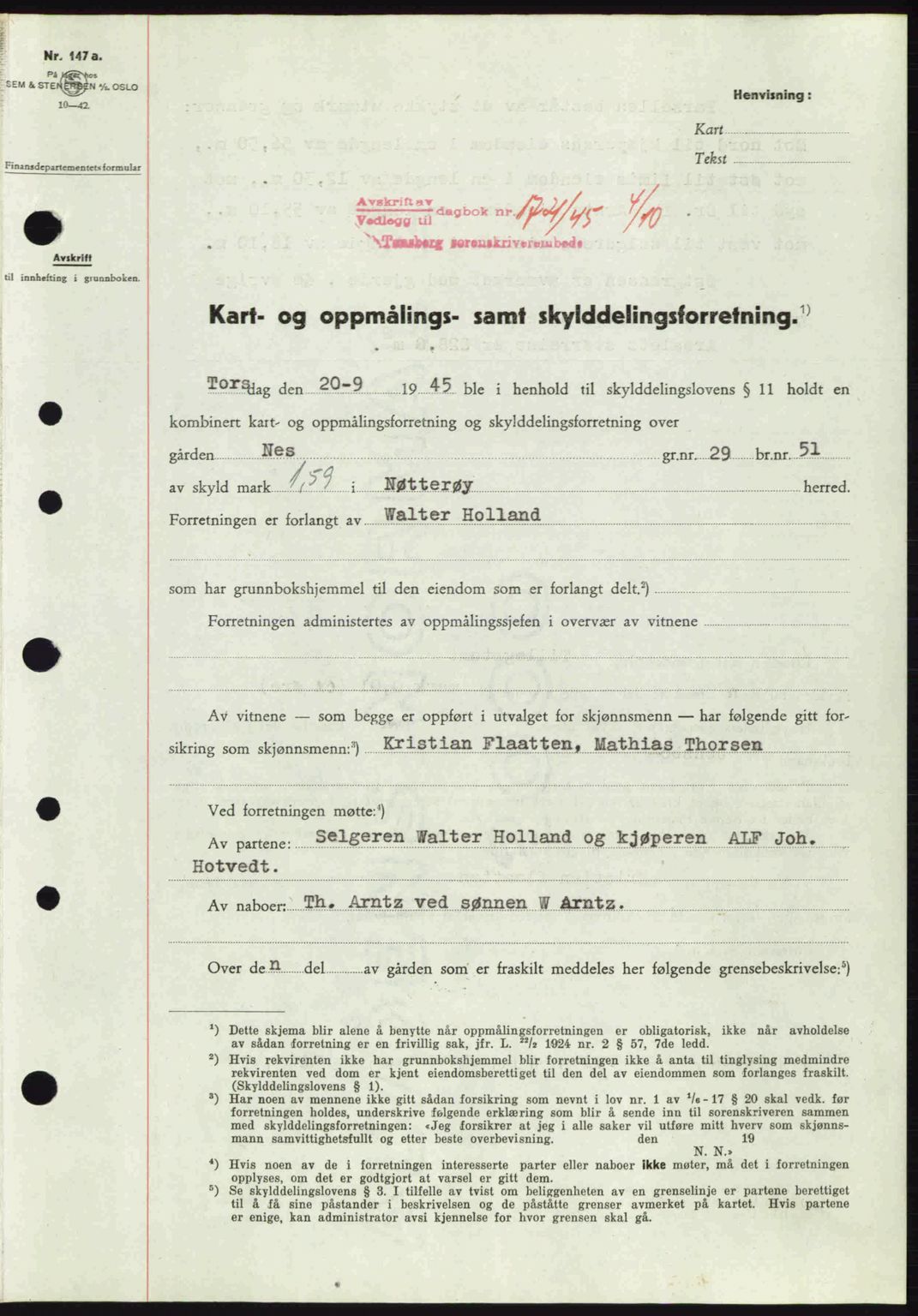 Tønsberg sorenskriveri, AV/SAKO-A-130/G/Ga/Gaa/L0017a: Pantebok nr. A17a, 1945-1945, Dagboknr: 1721/1945