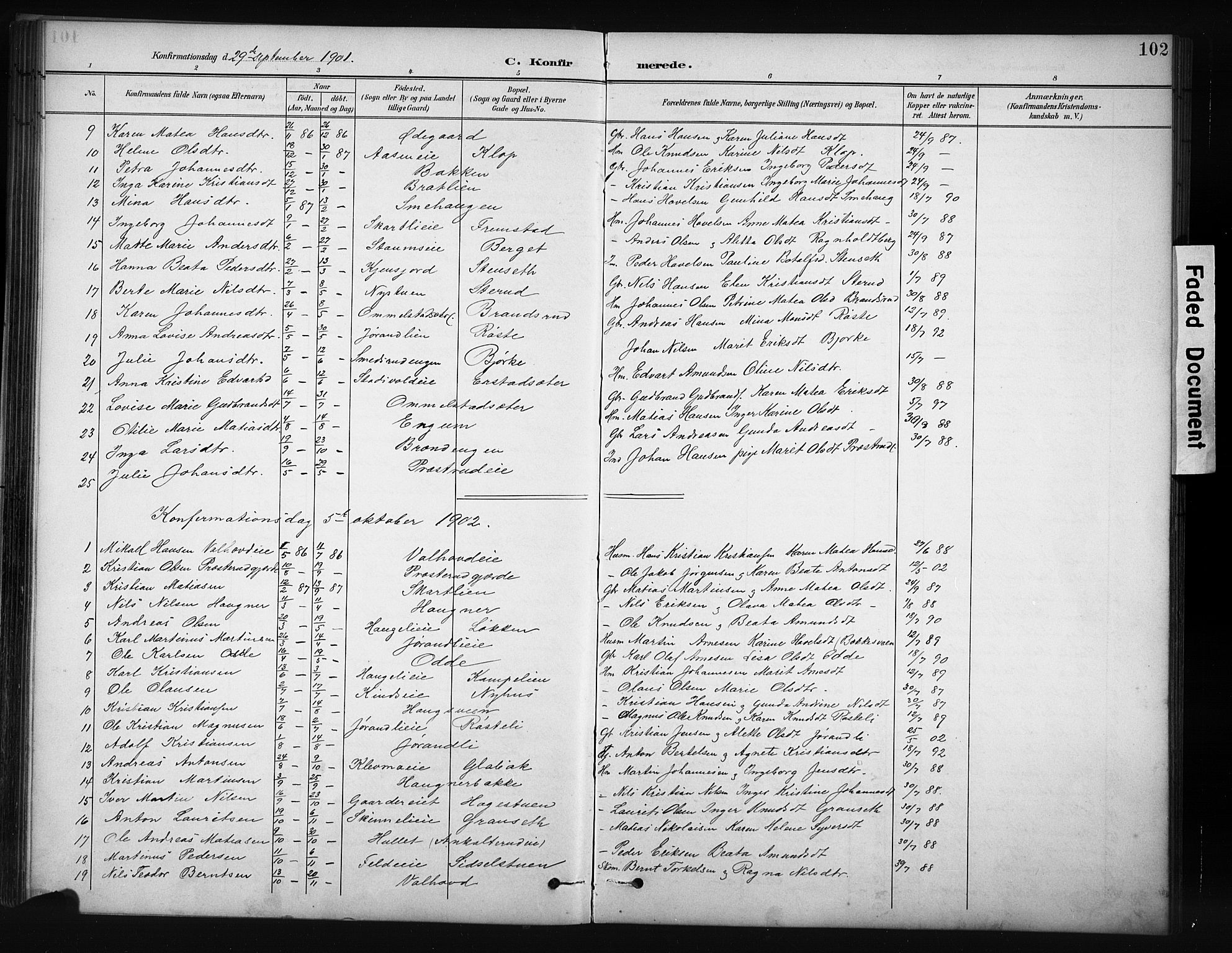 Nordre Land prestekontor, SAH/PREST-124/H/Ha/Hab/L0012: Klokkerbok nr. 12, 1891-1909, s. 102