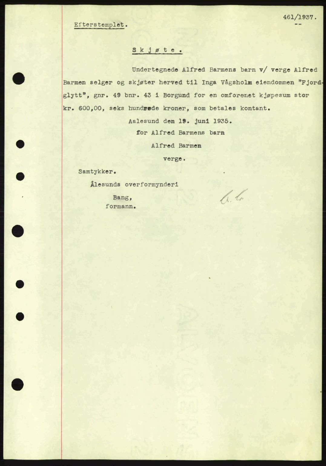 Nordre Sunnmøre sorenskriveri, SAT/A-0006/1/2/2C/2Ca: Pantebok nr. A2, 1936-1937, Dagboknr: 461/1937