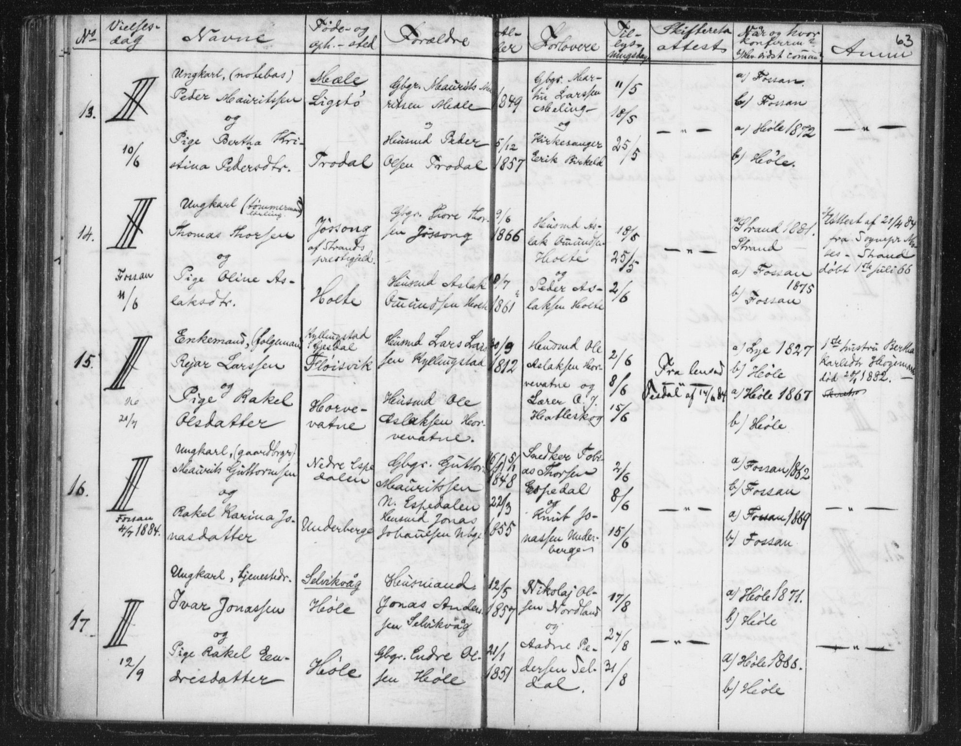 Høgsfjord sokneprestkontor, AV/SAST-A-101624/I/Ie/L0001: Lysningsprotokoll nr. 705.BA.1, 1871-1899, s. 63
