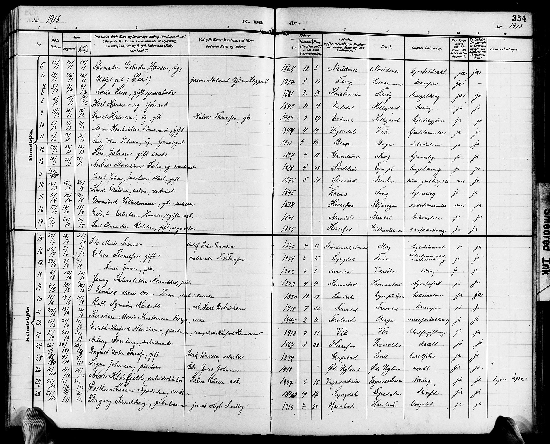 Fjære sokneprestkontor, AV/SAK-1111-0011/F/Fb/L0012: Klokkerbok nr. B 12, 1902-1925, s. 354