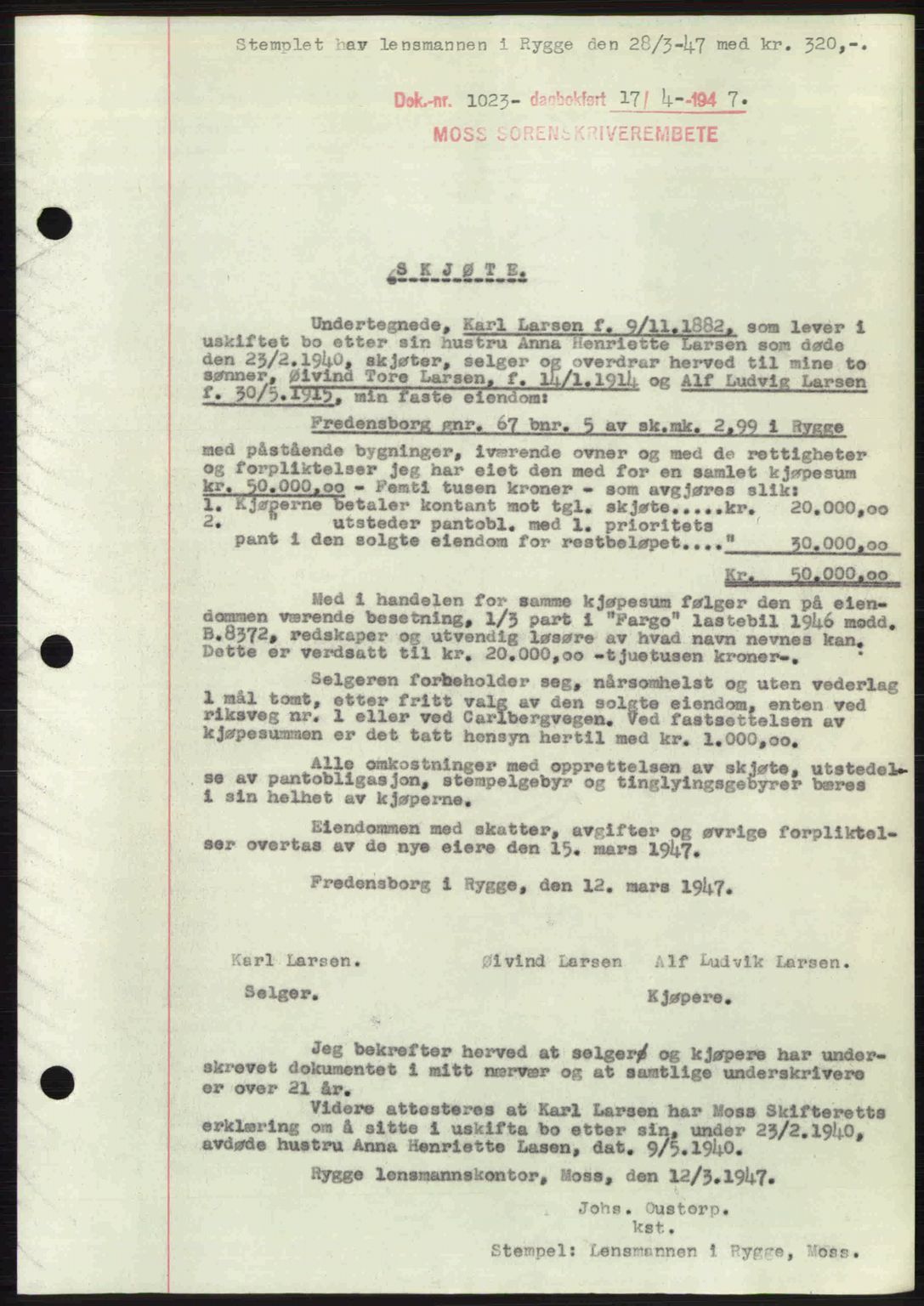 Moss sorenskriveri, SAO/A-10168: Pantebok nr. A17, 1947-1947, Dagboknr: 1023/1947