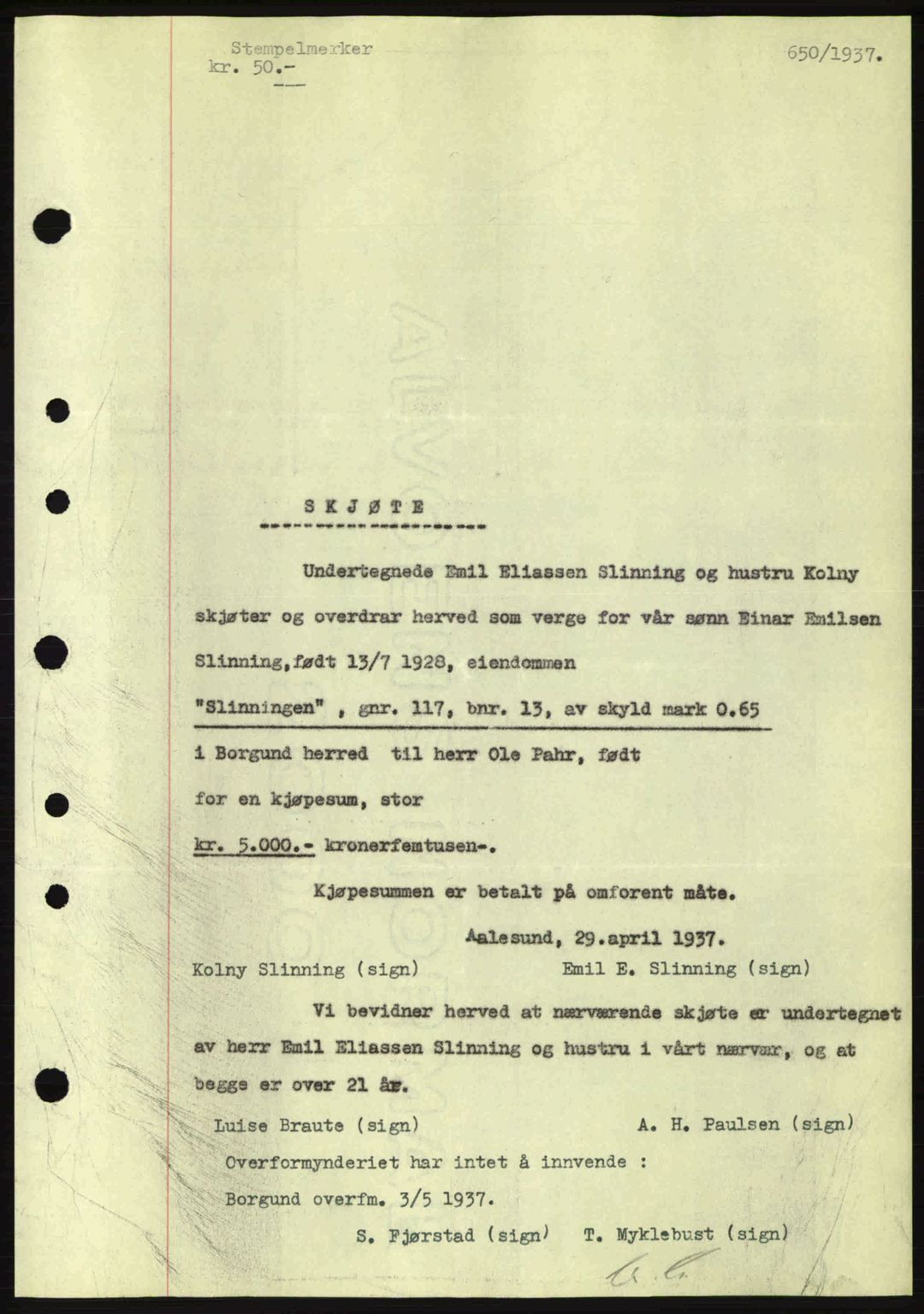 Nordre Sunnmøre sorenskriveri, AV/SAT-A-0006/1/2/2C/2Ca: Pantebok nr. A2, 1936-1937, Dagboknr: 650/1937