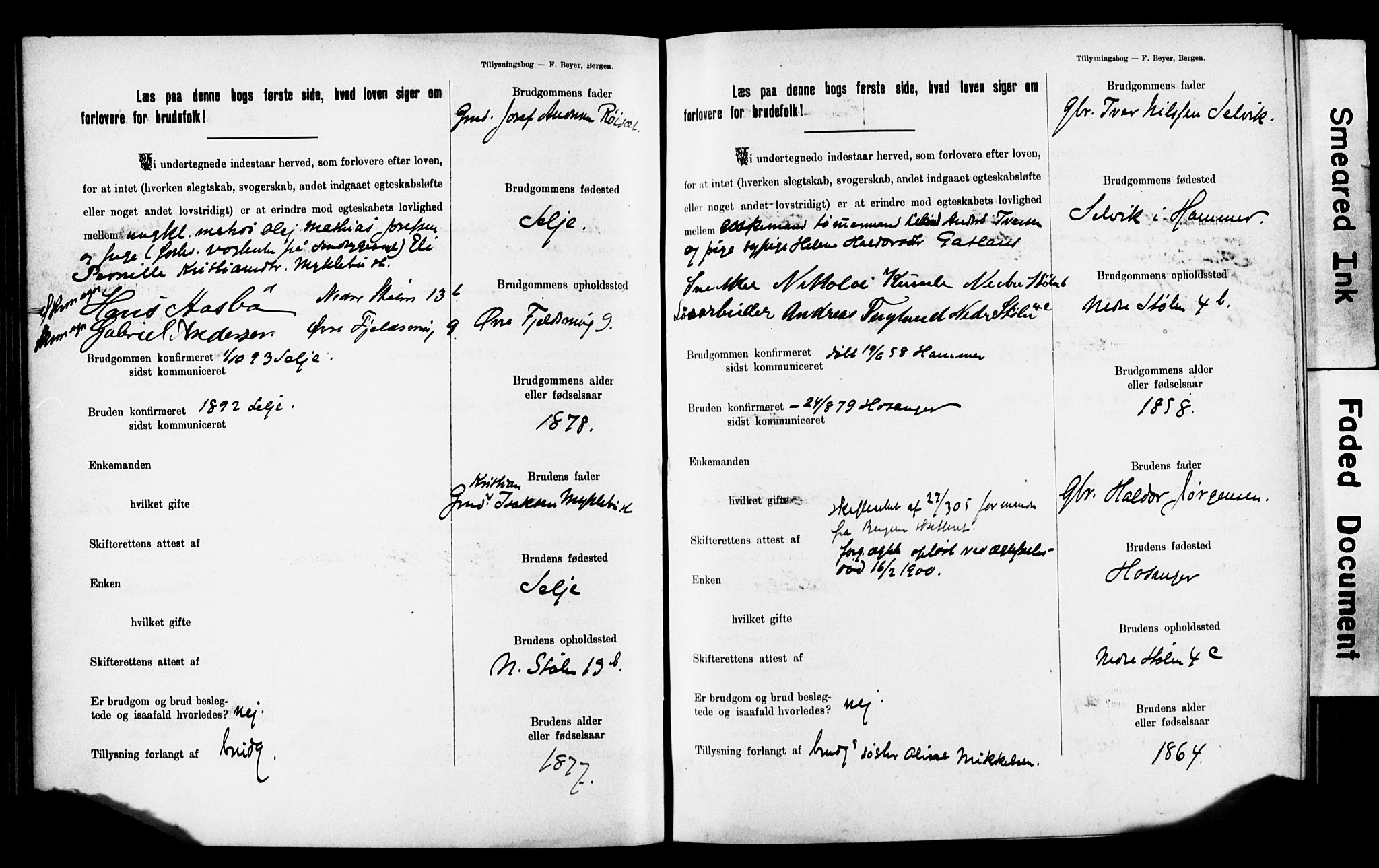 Mariakirken Sokneprestembete, SAB/A-76901: Forlovererklæringer nr. II.5.2, 1901-1909, s. 96
