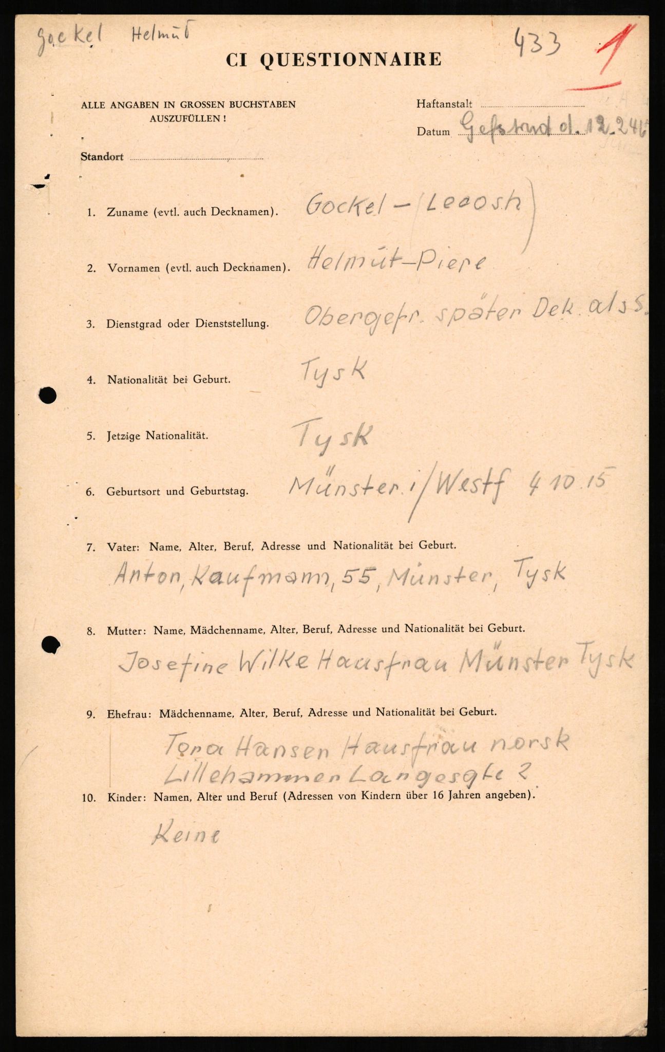 Forsvaret, Forsvarets overkommando II, AV/RA-RAFA-3915/D/Db/L0010: CI Questionaires. Tyske okkupasjonsstyrker i Norge. Tyskere., 1945-1946, s. 4