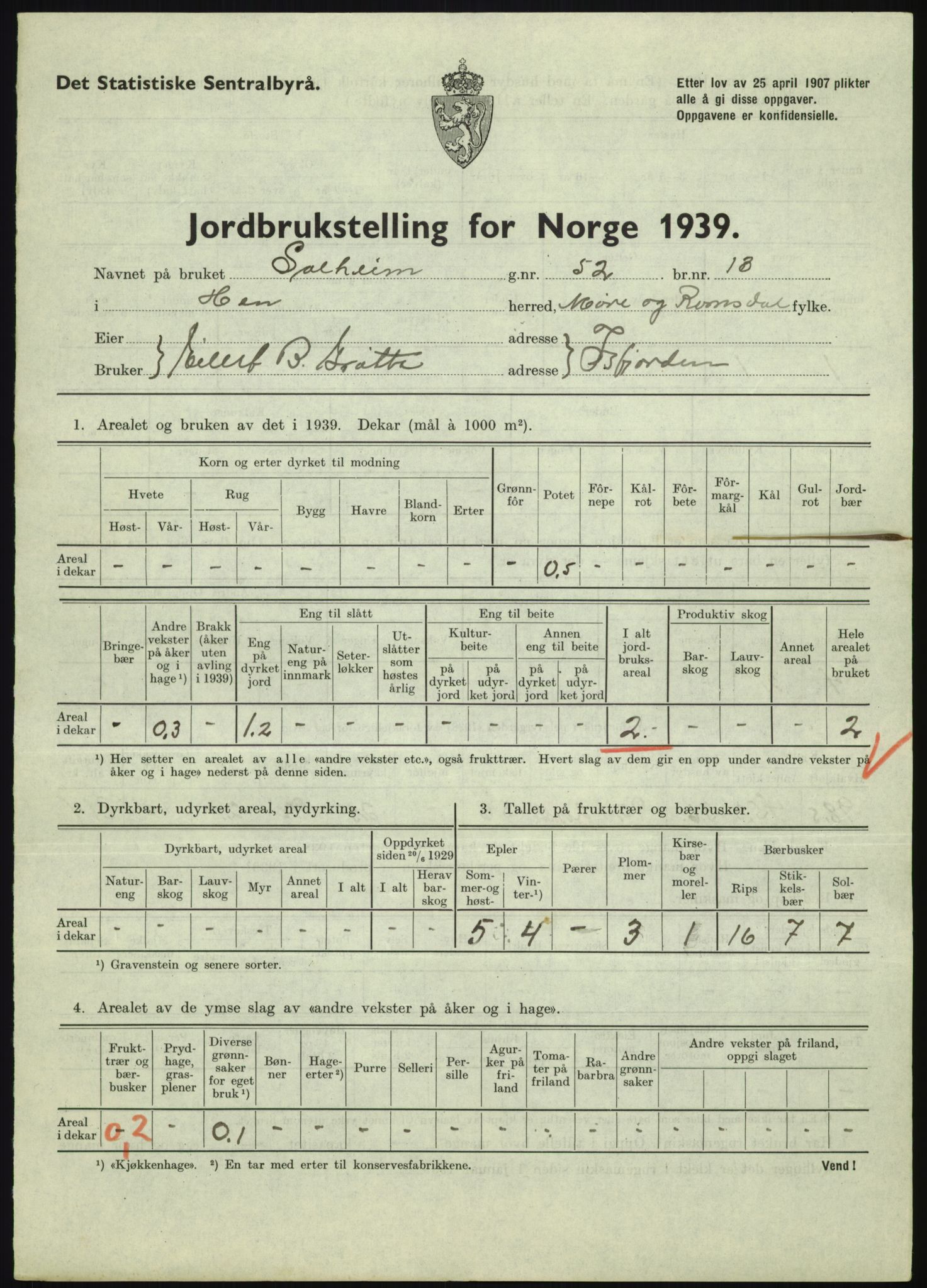 Statistisk sentralbyrå, Næringsøkonomiske emner, Jordbruk, skogbruk, jakt, fiske og fangst, AV/RA-S-2234/G/Gb/L0251: Møre og Romsdal: Voll, Eid, Grytten og Hen, 1939, s. 931