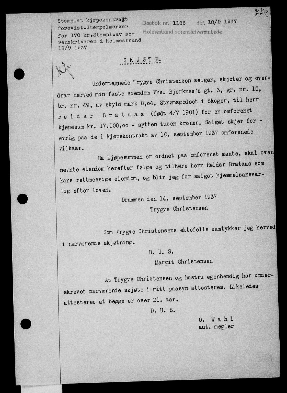 Holmestrand sorenskriveri, SAKO/A-67/G/Ga/Gaa/L0048: Pantebok nr. A-48, 1936-1937, Dagboknr: 1186/1937