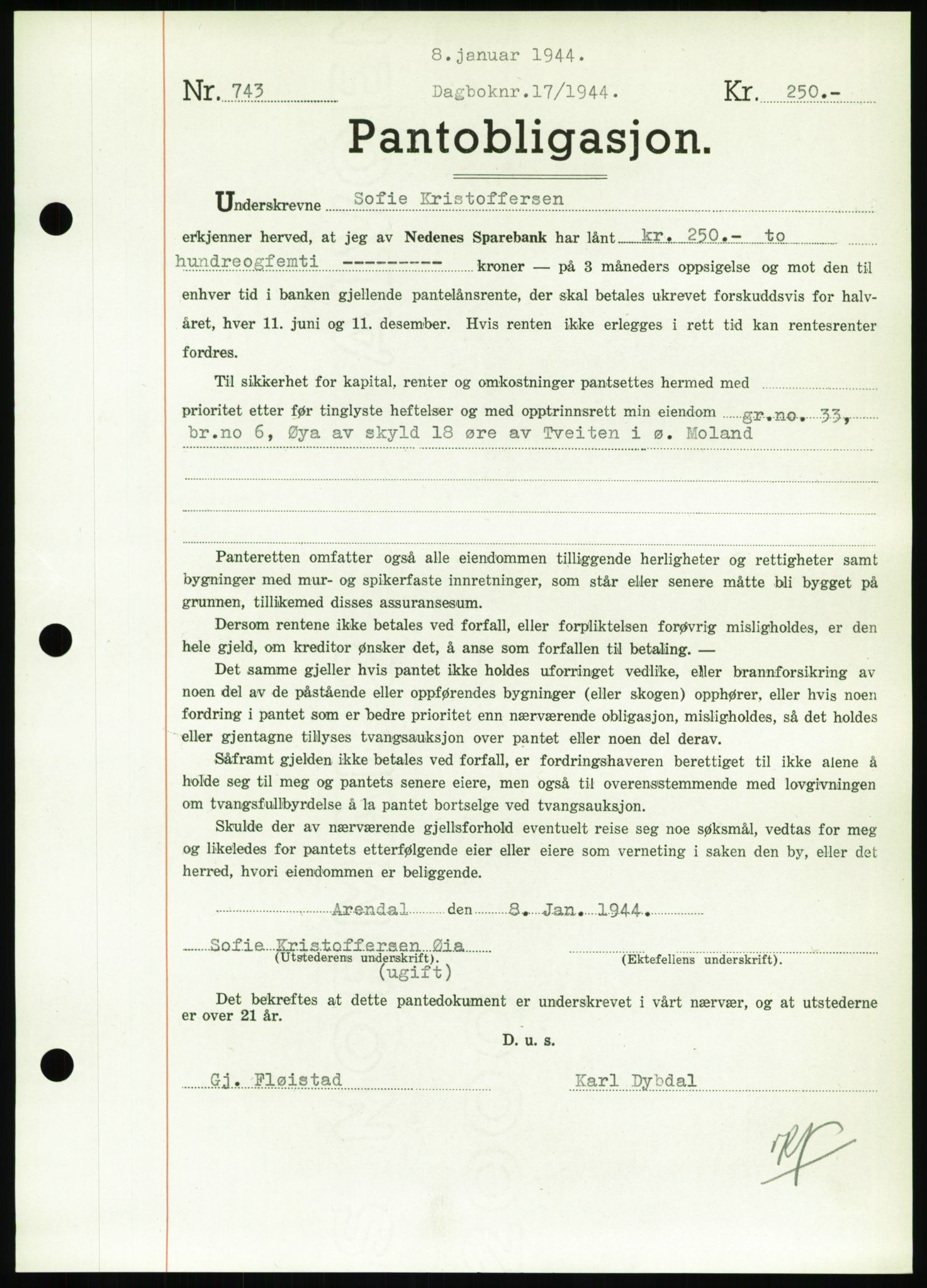 Nedenes sorenskriveri, SAK/1221-0006/G/Gb/Gbb/L0002: Pantebok nr. II, 1942-1945, Dagboknr: 17/1944