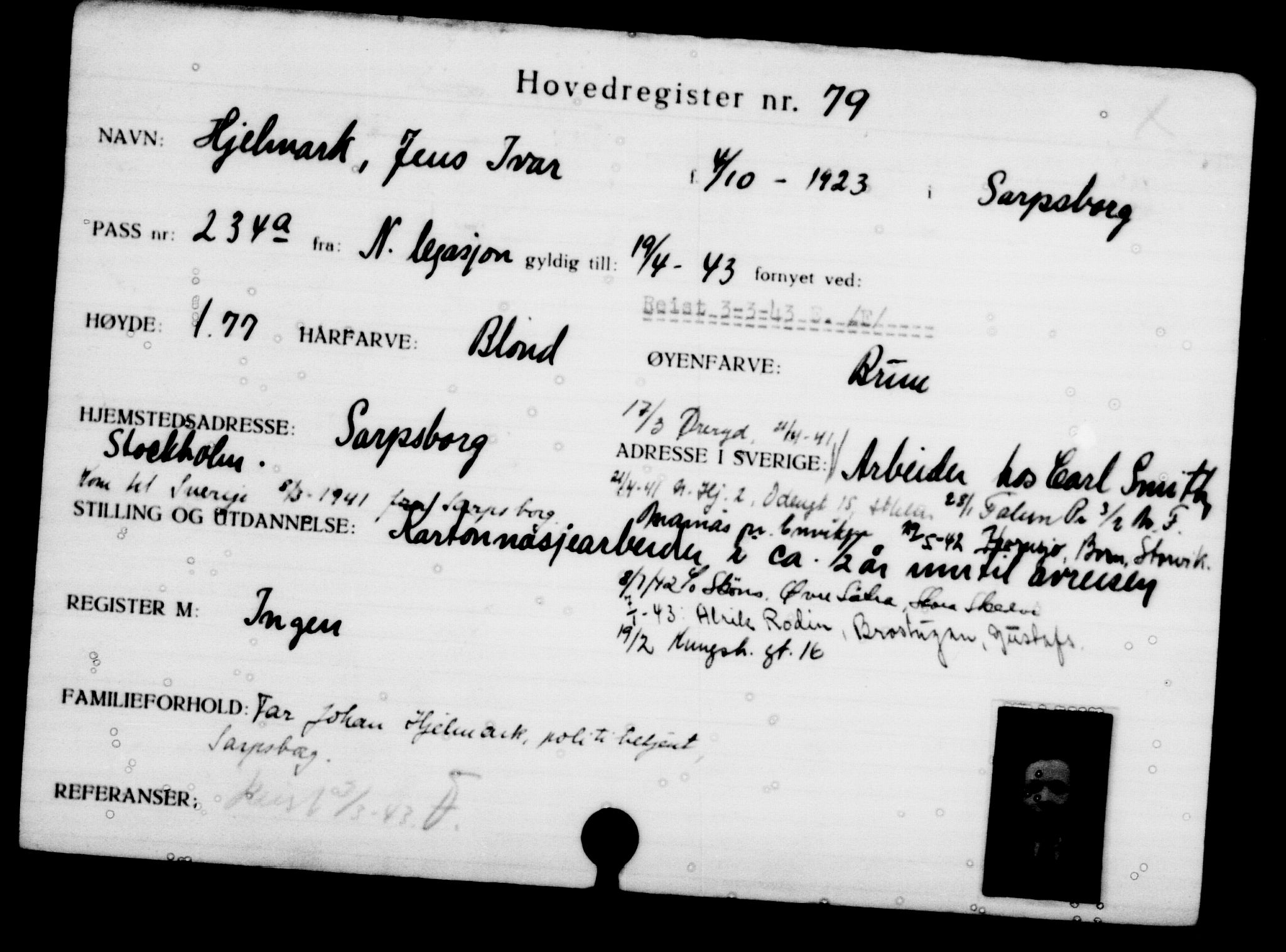 Utenriksstasjonene, Legasjonen i Stockholm, Flyktningkontoret, AV/RA-S-6753/V/Va/L0001: Kjesäterkartoteket, flyktninger med registreringsnr. 1-1000, 1940-1945, s. 135