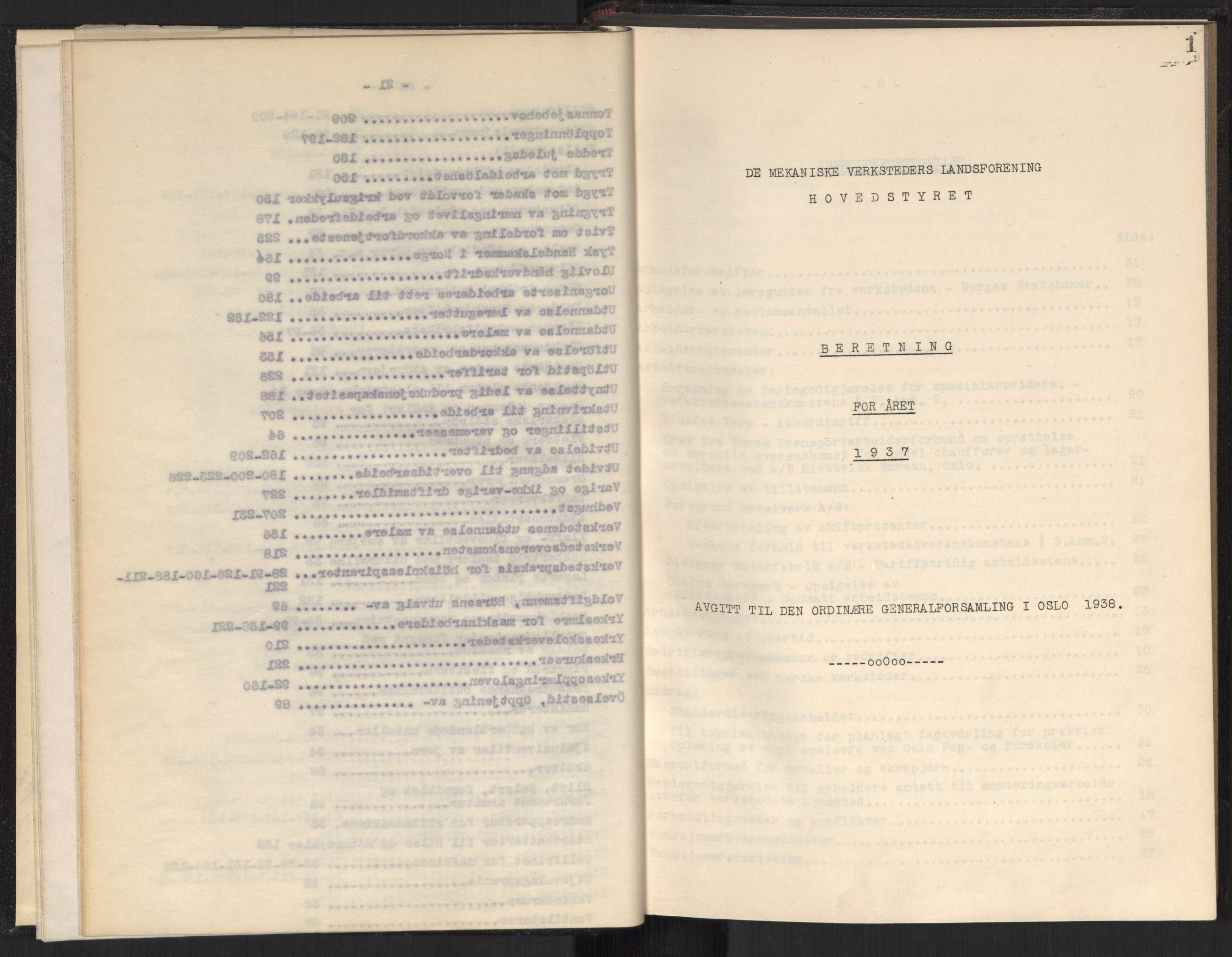 Teknologibedriftenes Landsforening TBL, RA/PA-1700/A/Ad/L0006: Årsberetning med register, 1937-1943, s. 1